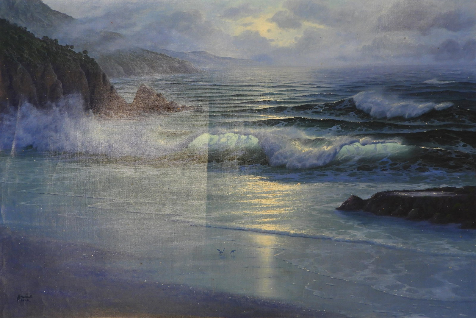 Maurice Meyer - Tide Rushing In: Maurice Meyer (American, b. 1936) Tide Rushing In, oil on canvas of beach at sunset. Signed lower left. Dimensions: 24 x 36" unstretched Property from a fifth generation art gallery, NYC (HEAR563)(EL)