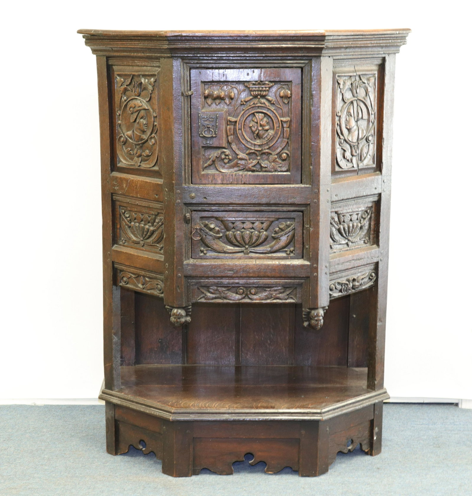 English Baroque Oak Court Cupboard: English Baroque Oak Court Cupboard Dimensions: 53 1/2" H x 39 1/2" W x 21" D Property from the Greenwich Village townhouse of Dr John Downey's Estate (NYDOW508)(MS)