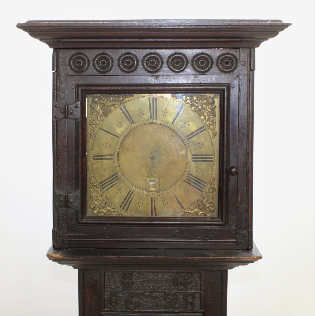 English Baroque Oak Tall Case Clock, 1698: English Baroque Oak Tall Case Clock, initialed IG 1698 Dimensions: 83 3/4" H x 20" W x 13 1/2" D Property from the Greenwich Village townhouse of Dr John Downey's Estate (NYDOW495)(MS)