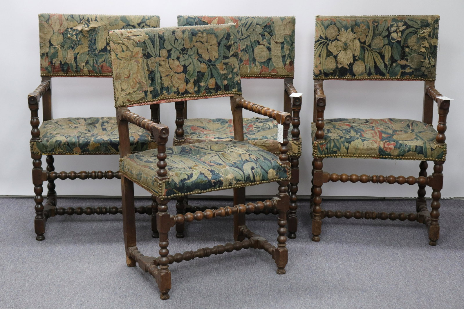 4 Chairs; English Baroque Cherry & Beechwood: Pair English Baroque Cherry Armchairs, with pair later Beechwood copies, all upholstered in Flemish tapestry fragments Dimensions: Property from the Greenwich Village townhouse of Dr John Downey's Est