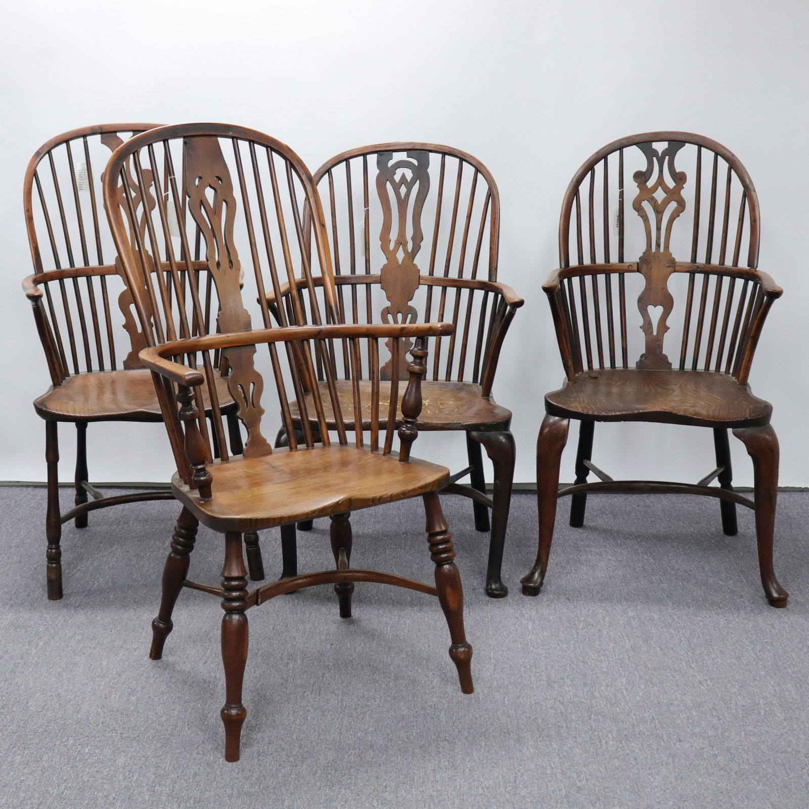 Pr George III Yew & Ash Windsor Chairs & Similar: Pair George III Yew & Ash Windsor Continuous Arm Chairs, with two similar chairs. Dimensions: Property from the Greenwich Village townhouse of Dr John Downey's Estate (NYDOW497/4)(MS)