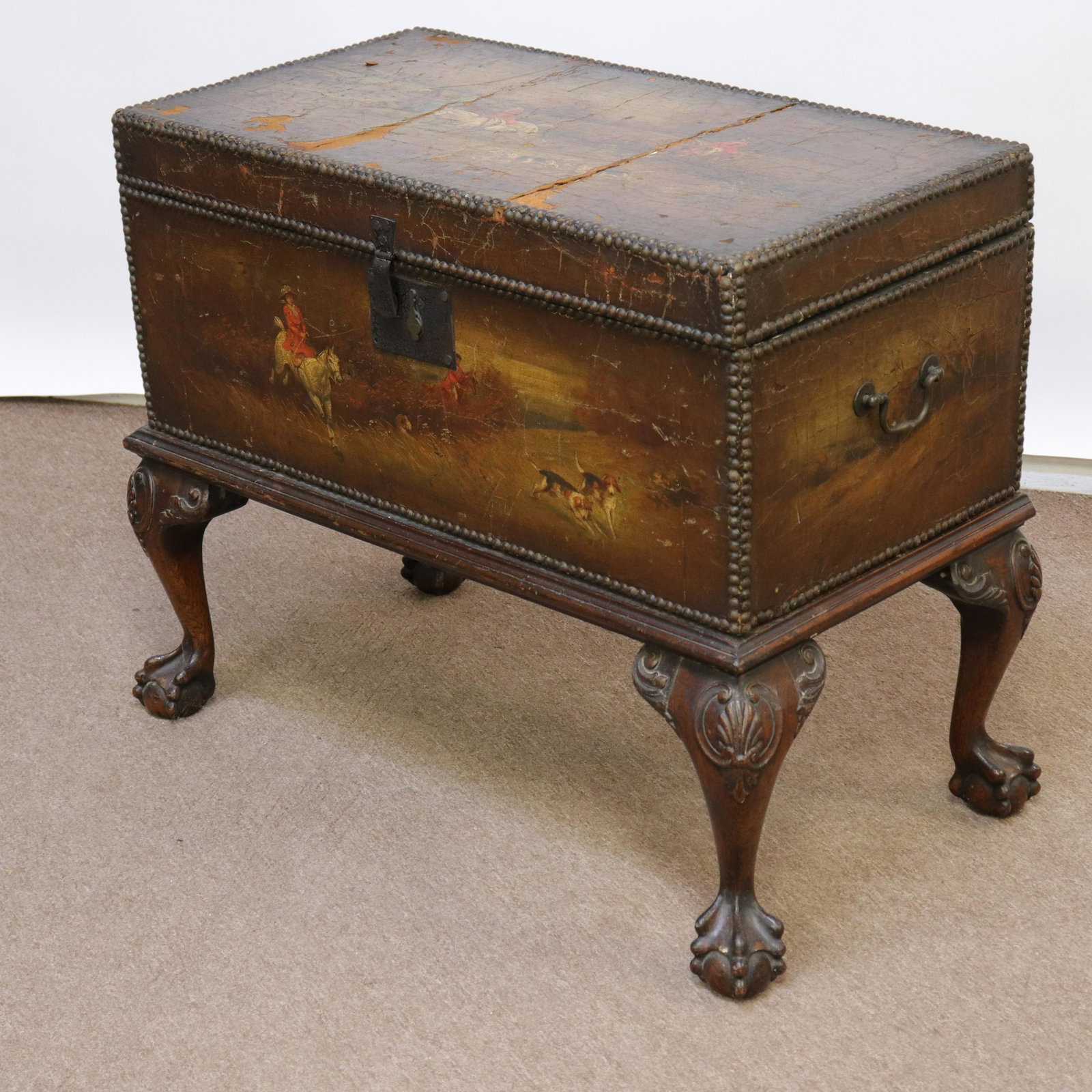 Blanket Chest/Stand, Leather with Painted Scenes: Leather Covered Blanket Chest on Chippendale Style Mahogany Stand, top & sides painted with hut and landscape scenes Dimensions: 25" H x 32" L x 17" D Property from the Litchfield Estate of Tracy H. G