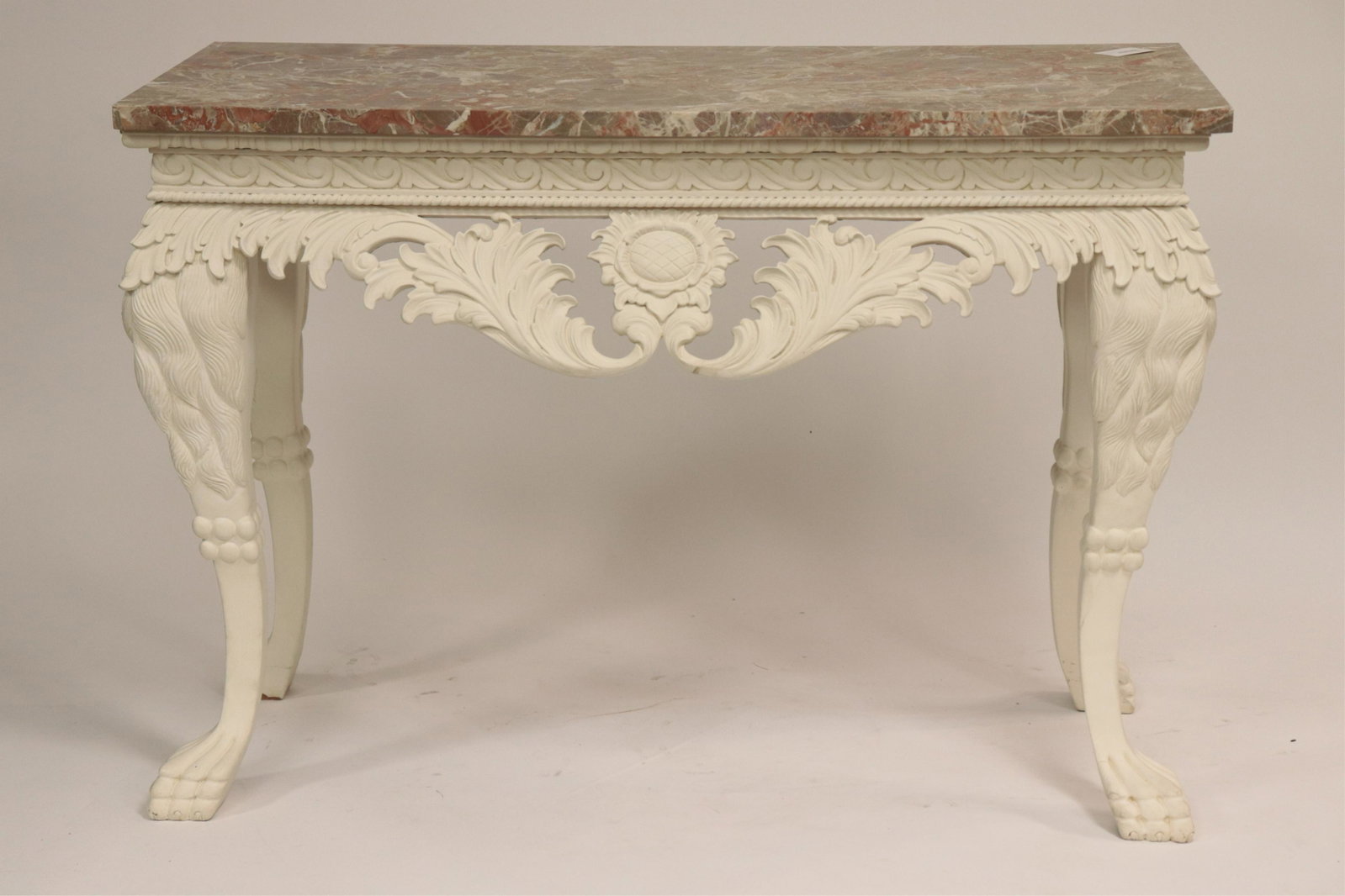 Irish Style White Painted Console: Irish Style White Painted Console, with cream and red marble top. NOTE: This lot is being reoffered due to nonpaying bidder Wendy Amstutz of New York, New York - invoice totaling $11,700. Dimensions: 