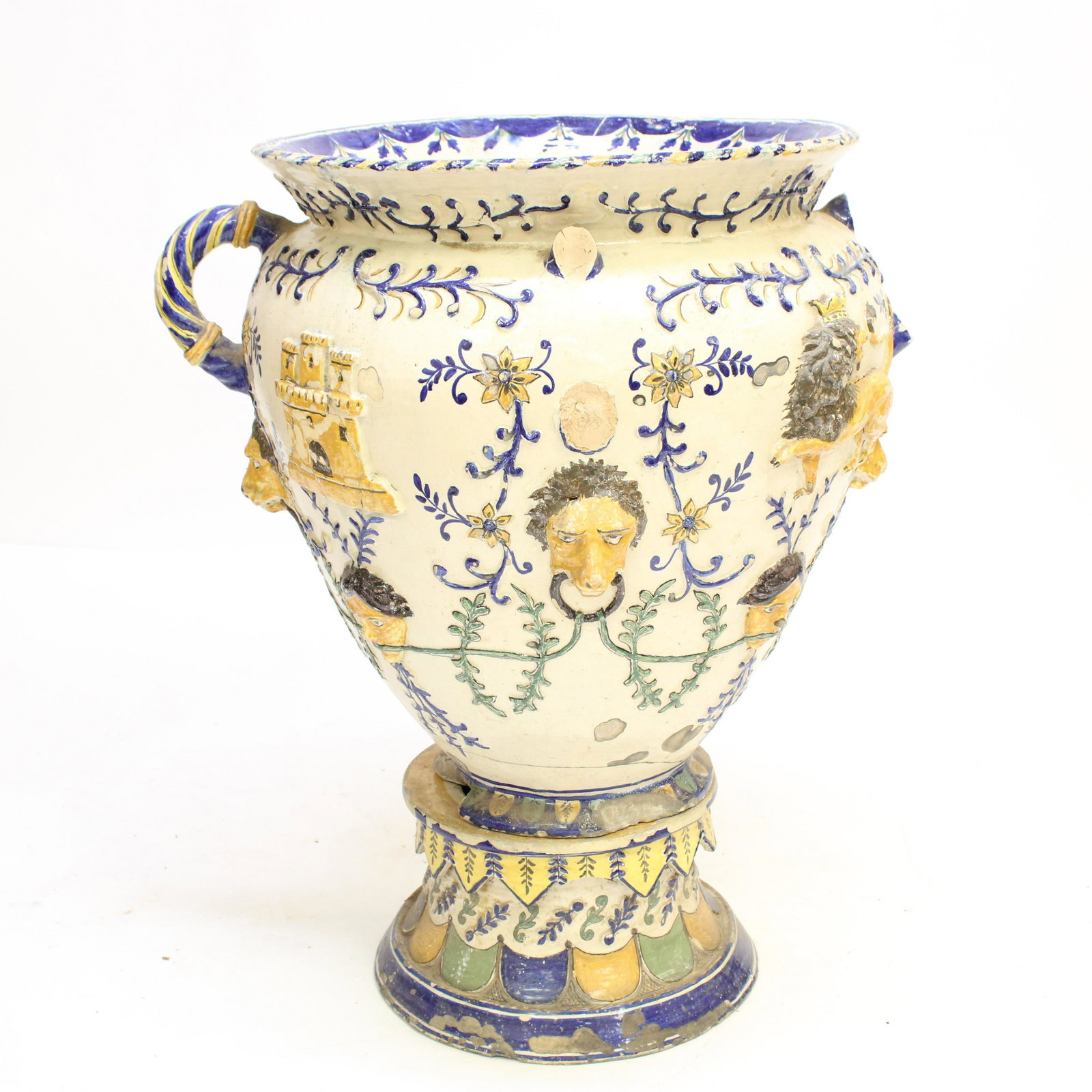 Large Colorful 2-Part Pottery Garden Urn: Large Colorful 2-Part Pottery Garden Urn, early 20th century. Lion and mask decoration in relief. Dimensions: 37 H x 31 W Property from the Litchfield Estate of Tracy H. Griswold (TGLI8653)(WT)