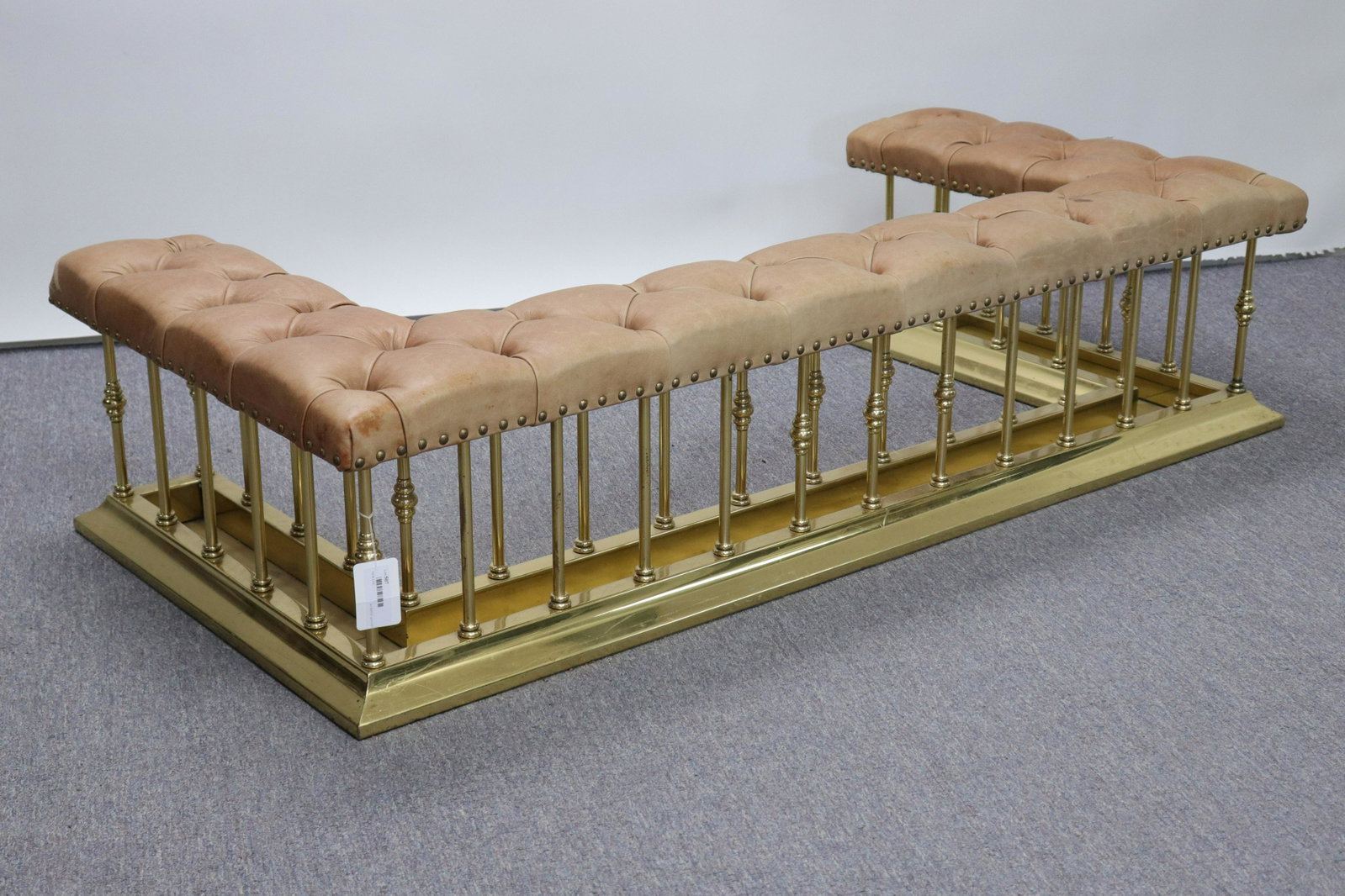 George III Style Brass & Leather Fire Bench: George III Style Brass & Leather Upholstered Fire Bench Dimensions: 14" H x 58" W x 27" D Property from the Greenwich Village townhouse of Dr John Downey's Estate (NYDOW507)(MS)