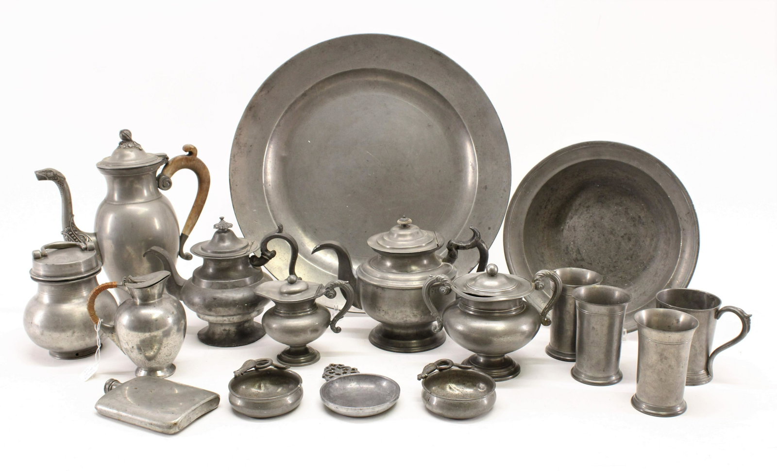 Lot Antique Pewter, 18th-20th C., US & European: Lot Antique Pewter, 18th through 20th C., from London, England, France, Germany & US., makes include Smith & Co., James Dixon & Sons, Lumming Inc., Merwin-Wilcon Co., New Milford Conn., Blue Hill Sted