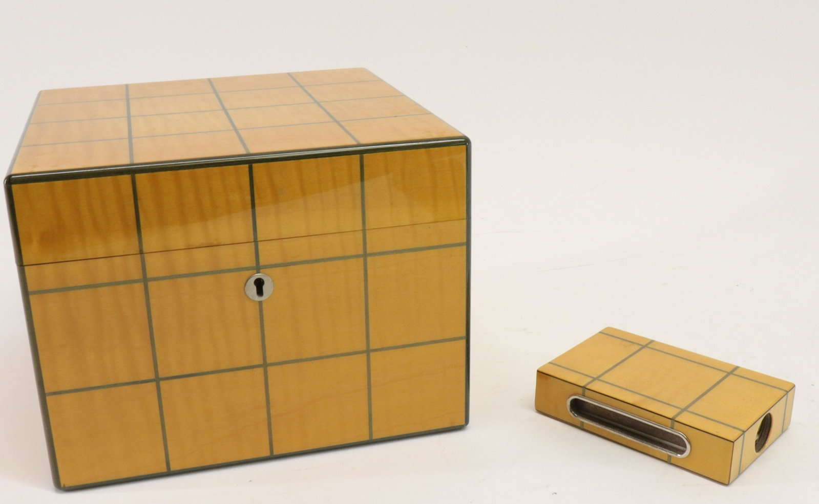 Satinwood Humidor & Match Box by Elie Bleu, Paris: Satinwood Humidor and Match Box by Elie Bleu, Tabletier, Paris Dimensions: 6 1/2" H x 8 1/2" W x 8 1/2" D Property from the Greenwich Village townhouse of Dr John Downey's Estate (NYDOW8068/2)(WT)