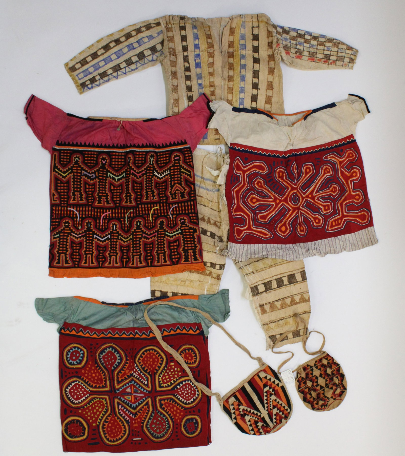 Clothing & Accessories Lot: Clothing & Accessories Lot, comprises: pair woven small with red and black diamond design, 3 Panamanian children's dresses and a 2 piece jacket and pants sit with stamped dye geometric shapes Dimensio
