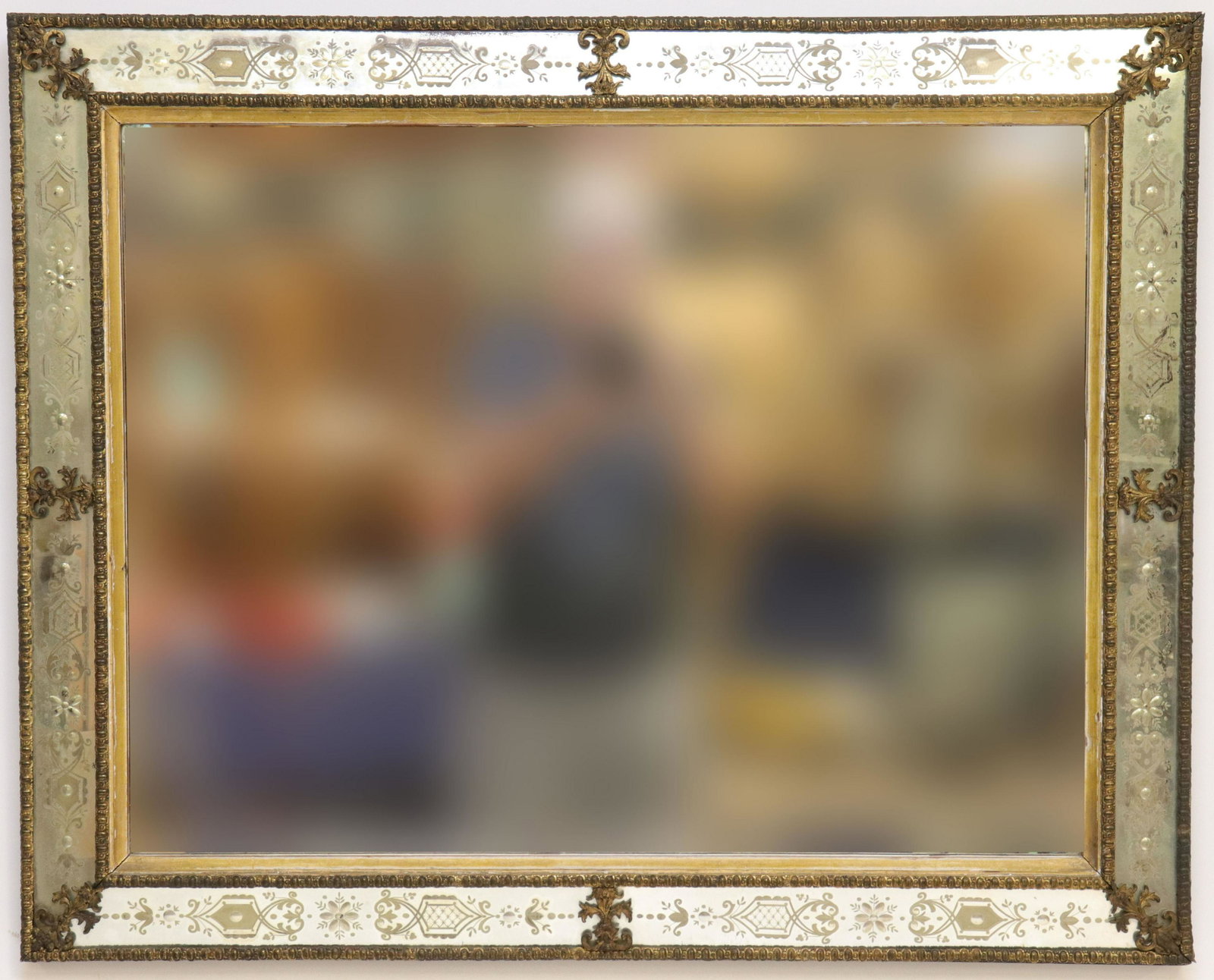 Venetian Etched Glass & Gilt Metal Framed Mirror: Venetian Etched Glass & Gilt Metal Framed Mirror, plate with beveled edge Dimensions: 29" x 36 1/4" Property from the Litchfield Estate of Tracy H. Griswold (TGLI8645)(WT)