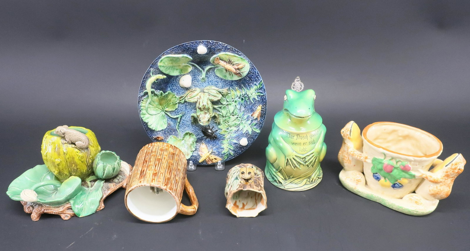 6 Frog/Rat Theme Majolica & Ceramic Vessels: 6 Frog/Rat Theme Majolica & Ceramic Vessels Dimensions: Plate 9 1/2" Dia., German stein 7 1/4" H Property from the Estate of C. Carter Walker Jr, Washington, CT. (CCWJ8012/6)(WT)
