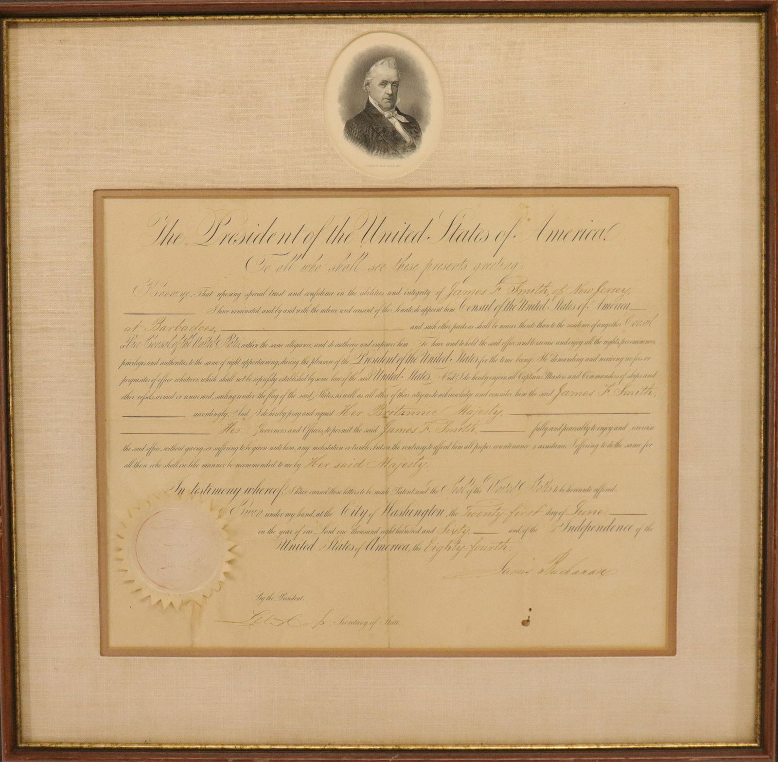 James Buchanan appointment James Smith, 1860: President James Buchanan Seal of Appointment to James F. Smith Consul of Barbados, Signed June 21 1860 with presidential seal 12 x 15 sight, framed 21 x 21 Property from a Northwest Connecticut Estate