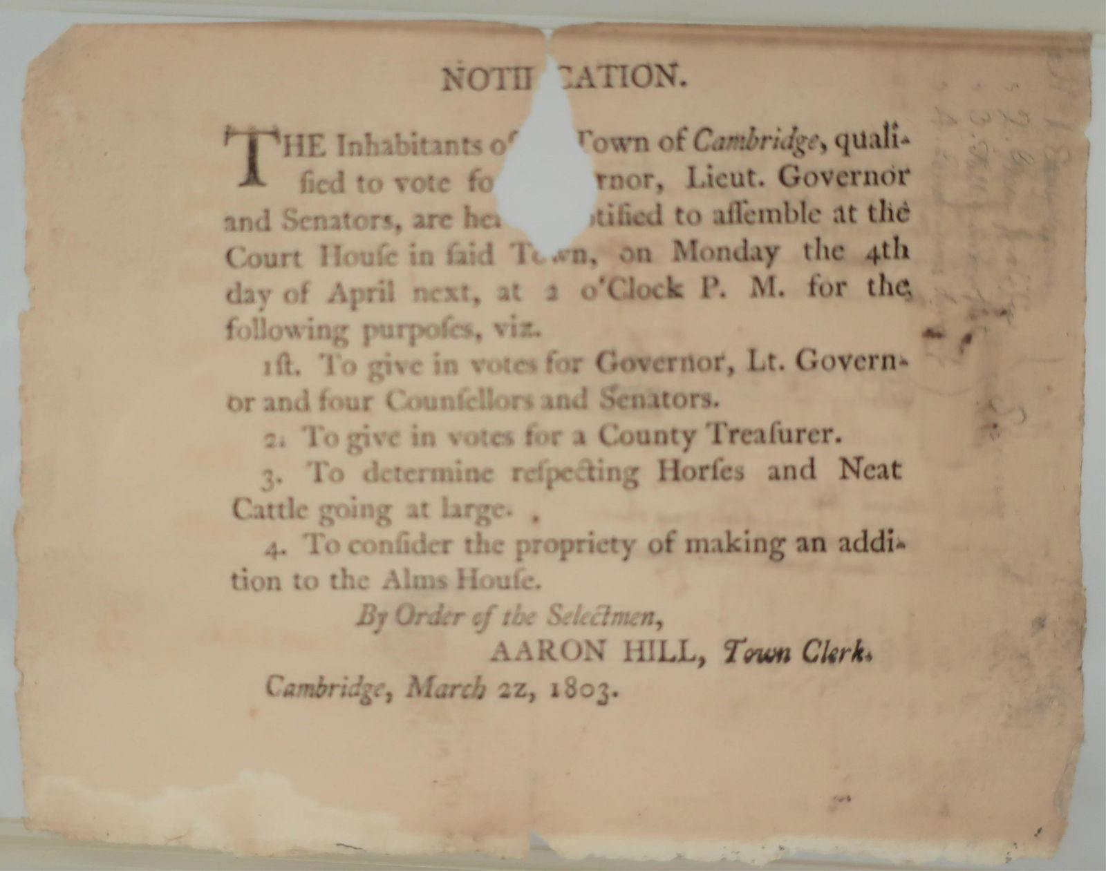 Aaron Hill, Cambridge, MA, 1803, "Notification" (1 of 6)