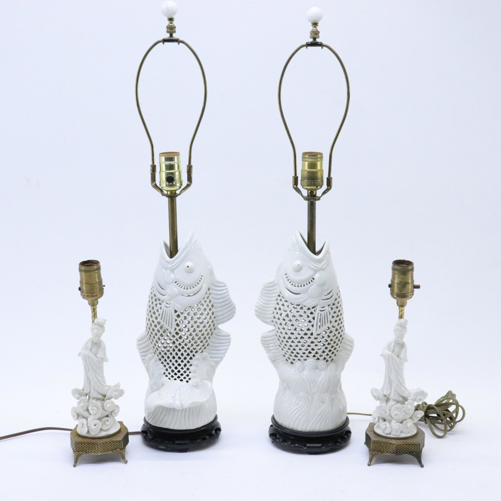 2 Pair Blanc de Chine Lamps: 2 Pair Blanc de Chine Lamps, fish & figural, glass or white jade finials Dimensions: Fish 12" H, Overall 26 1/2", Figures 7" H, Overall 12" H Property from the Litchfield Estate of Tracy Griswold (TGL