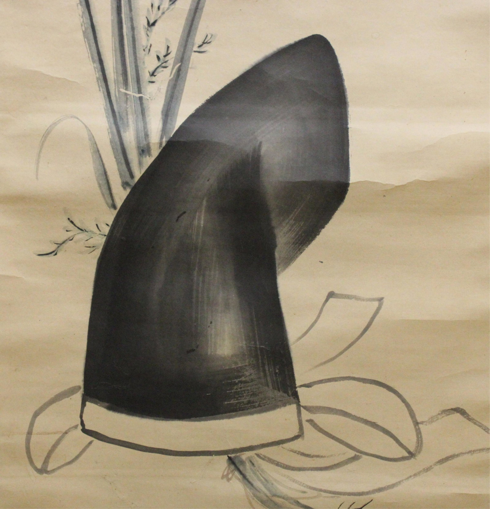 Asian Ink Painting Scroll: Asian Ink Painting Scroll. Ink painting of monk hat. Signature possibly Japanese artist Mori Chokuai. 19th - 20th century Dimensions: Property from the Estate of Sara E. Vagliano (DVIA595)(PR)