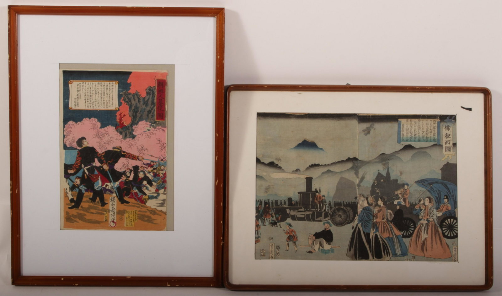Ukiyo-e and Kaika-e Japanese Woodblock Prints: Ukiyo-e and Kaika-e Japanese Woodblock Prints, one of Samurai Warriors another of westernization movement mountains in background Dimensions: Kaika-e: 13 1/4 x 18 1/2, Framed 18 1/2 x 24 12/, Ukiyo-e: