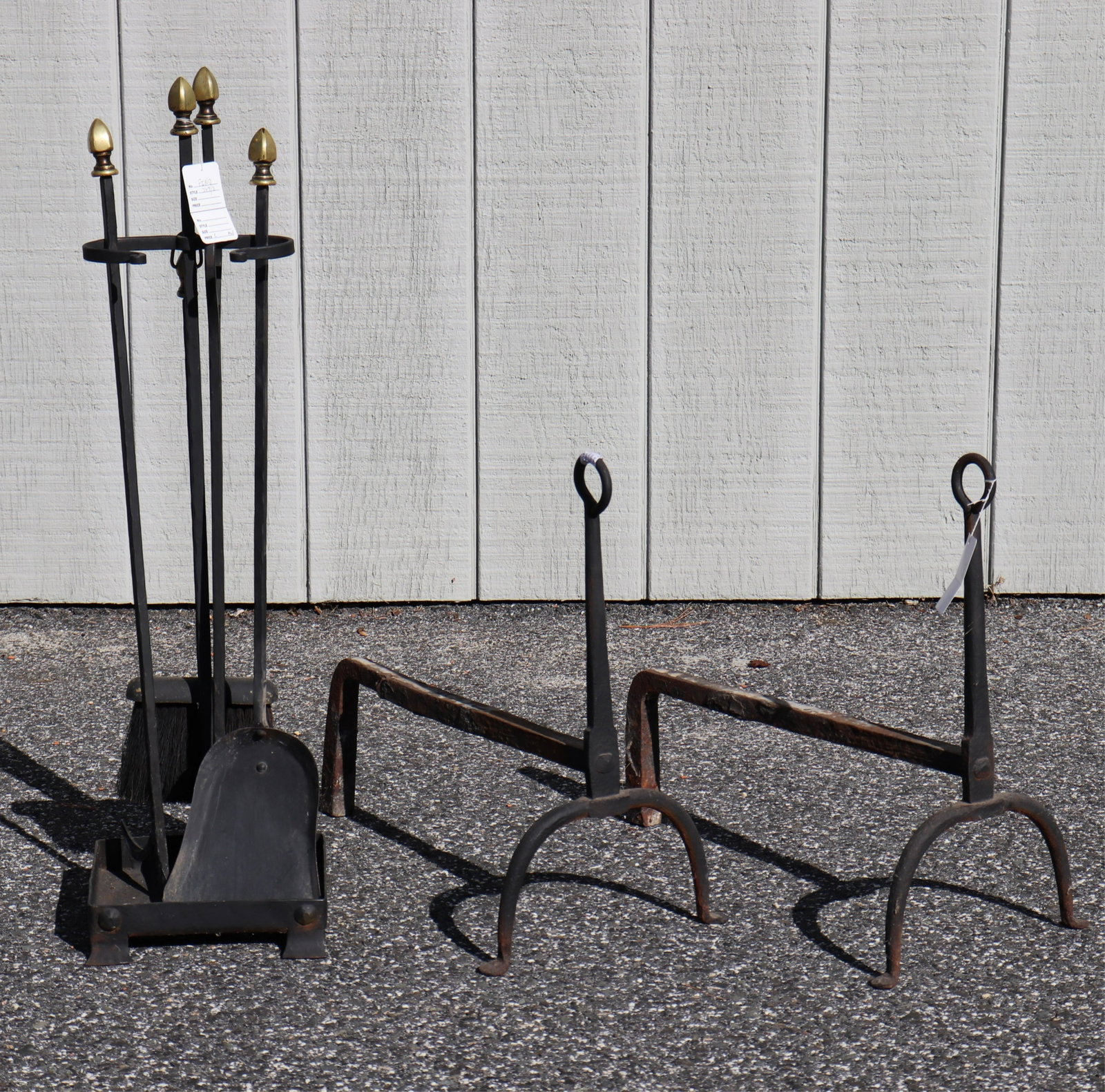 Pr Arts & Crafts Andiron & Colonial Style Tools: Pair Arts & Crafts Andiron and Colonial Style Tools Dimensions: Andirons 18" H, Tools 30 1/2" H Property from the Estate of Jack Richmond being auctioned to benefit Prime Time House, offering hope, ch