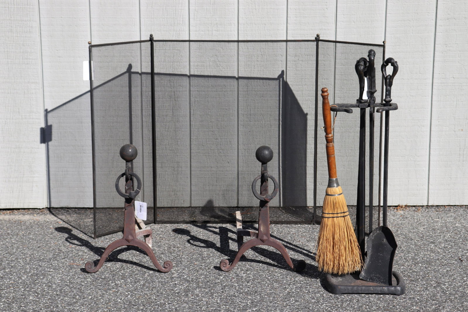 Pr Cahill Andirons, Tools & Fire Screen: Pair Cahill Andirons and Matched Tools and 3 Fold Fire Screen Dimensions: Andirons 18" H, Tools 31 1/2" H Property from the Estate of Jack Richmond being auctioned to benefit Prime Time House, offerin