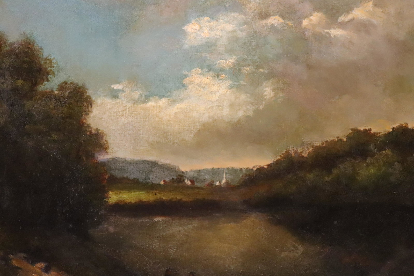 American School, 19th C. Fisherman by Lake, O/C: Am. School, 19th C., Fisherman by Lake, O/C, verso canvas stamped 1882, Windsor and Newton canvas for A.W. Reenan, manufacturer of artists materials, 447 Fulton NE, Brooklyn Dimensions: 18 x 22, unfra