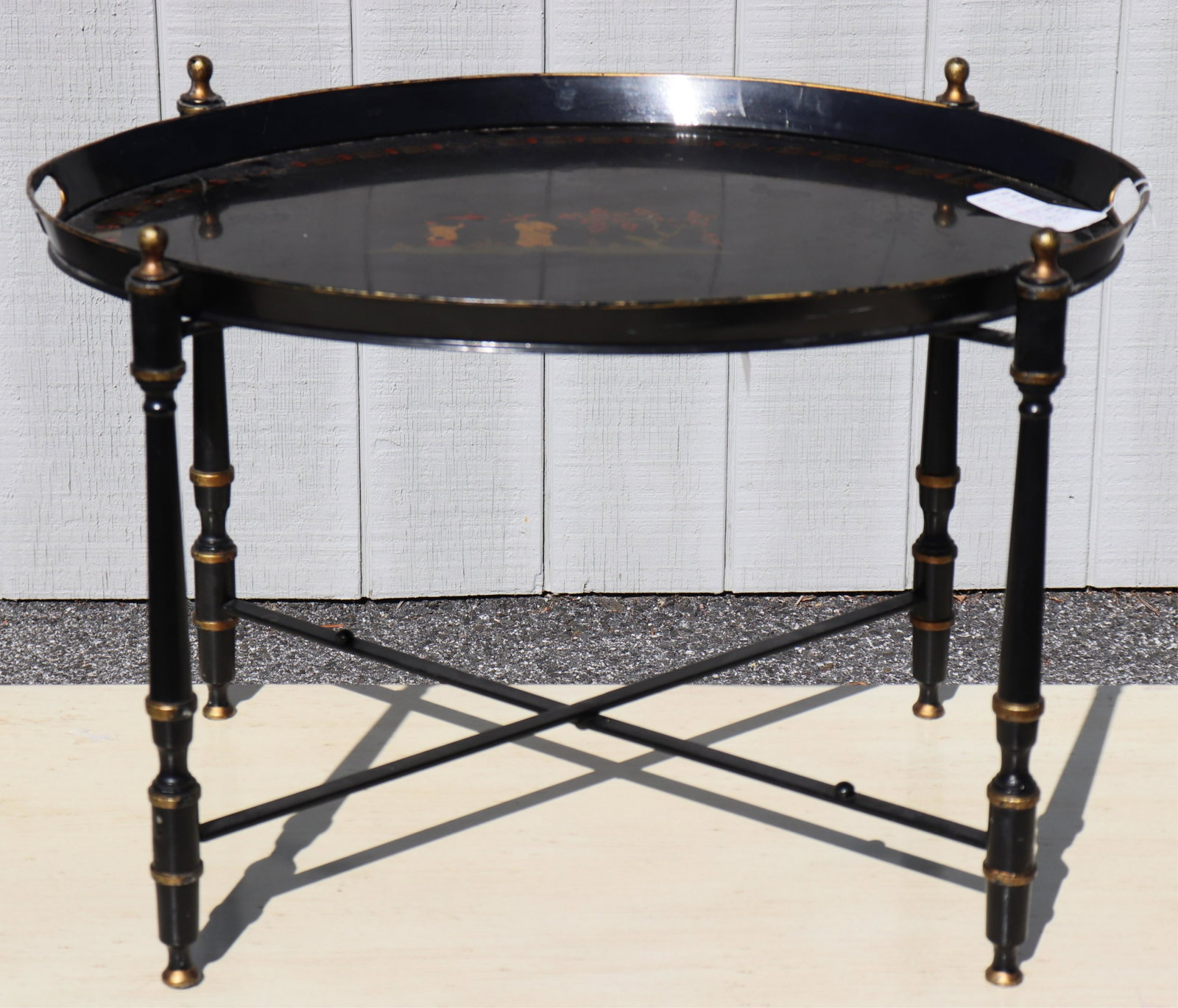 Regency Style Gilt Black Painted Tole Tray, Stand: Regency Style Gilt Black Painted Tole Tray on Stand Dimensions: 17 3/4" H x 25 1/2" W x 19 1/4" D Property from the Estate of Jack Richmond being auctioned to benefit Prime Time House, offering hope, 