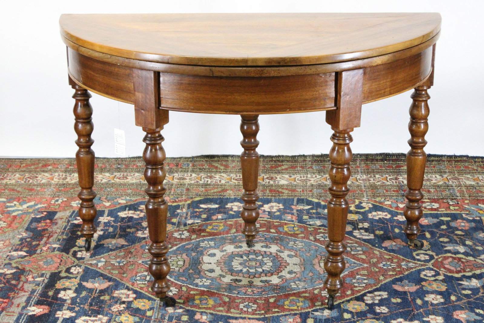 French Fruitwood D-Shaped Fold Open Table: French Fruitwood D-Shaped Fold Open Table Dimensions: 30" H x 45 1/2" L x 22 1/2" W (closed) Property from the Estate of Sara E. Vagliano (DVIA9372)(WT)
