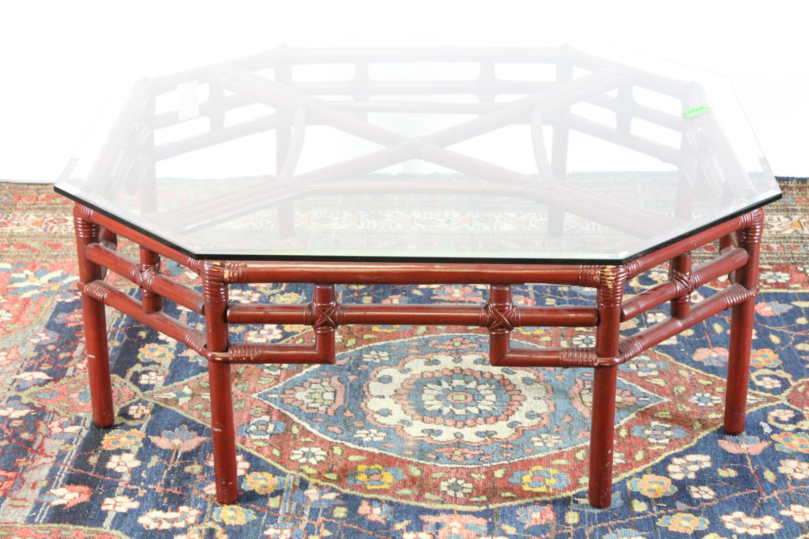 Ficks Reed Octagonal Painted Bamboo Cocktail Table: Ficks Reed Octagonal Panted Bamboo Cocktail Table with glass top Dimensions: 43 x 42 1/2 x 17 Property from a Woodbury, CT home (MZIL1106)(MM)