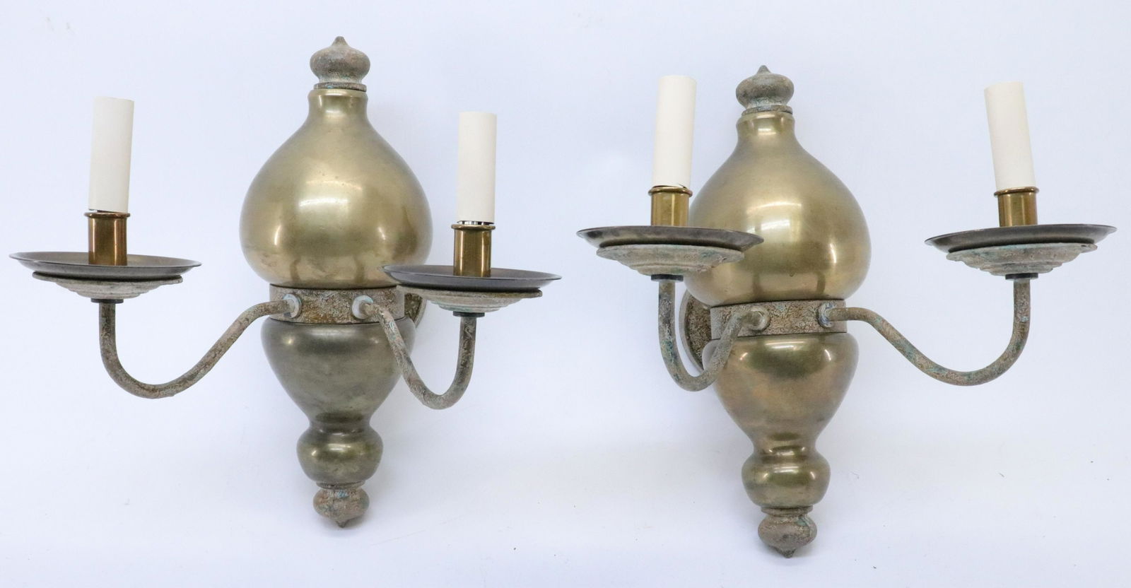 Pair Middle Eastern Style Brass Metal Wall Sconces: electrified, 2 light Dimensions: 17"H x 13"W x 14"projection Property from a West Hartford, CT home (MALM1439)(MM)