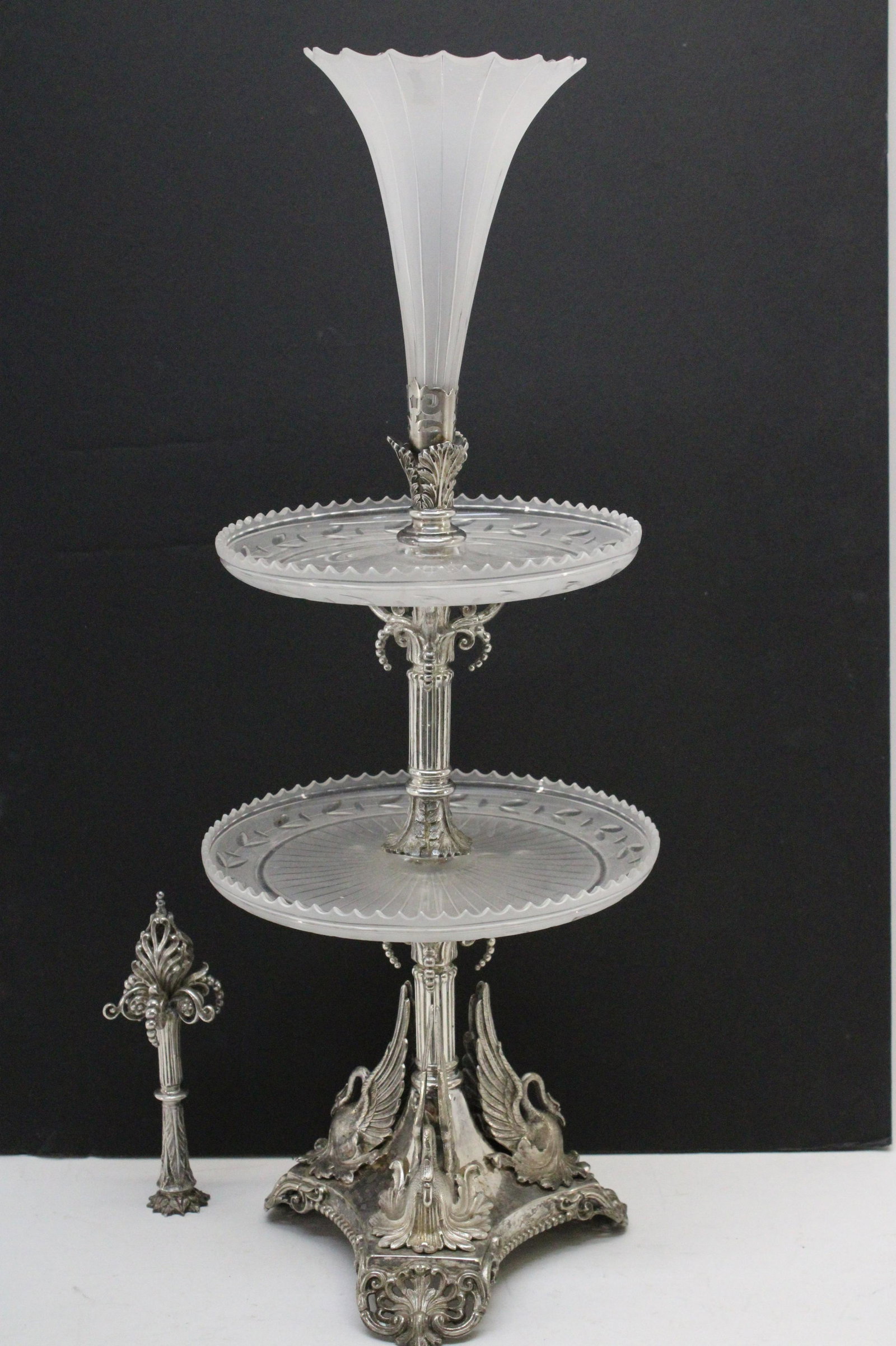 Victorian Silverplate & Etched Glass Epergne, 19C.: Victorian Silverplate and Etched Glass Epergne, Late 19th C., with interchangeable tops, converts from decorative silverplate to glass vase flower holder, swan figures to base Dimensions: 21 1/2" H, 2
