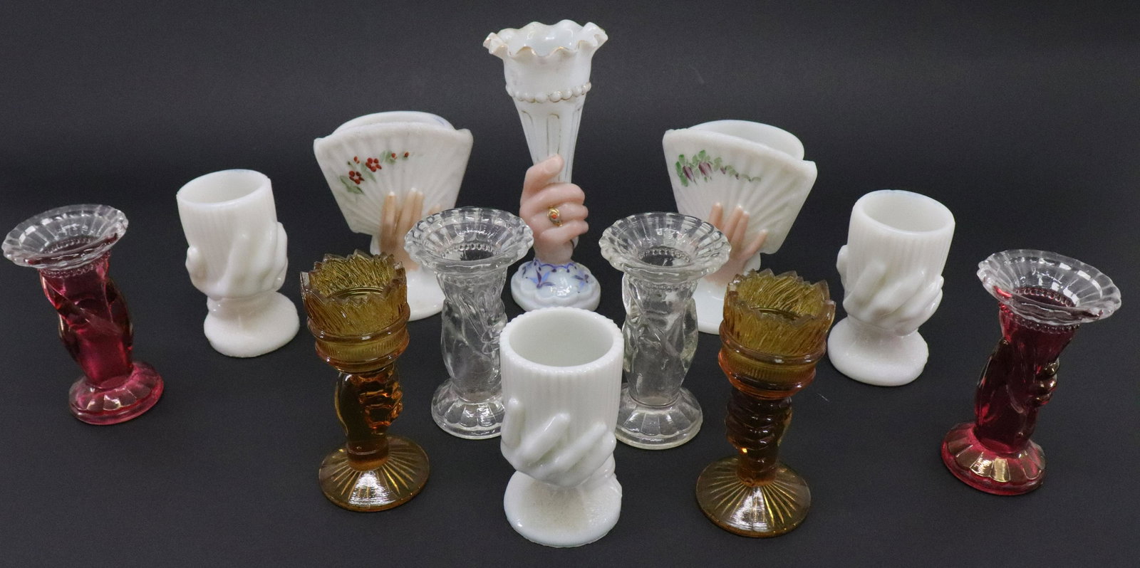 12 Small Glass Hand Vases: 12 Small Glass Hand Vases, red, amber, milk, clear & painted Dimensions: 3 3/4" H x 6 1/2" H Property from the Litchfield Estate of Tracy Griswold (TGLI9188/12)(WT)