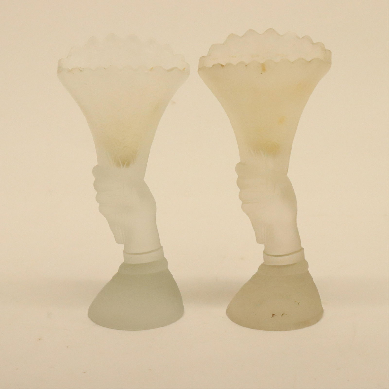 8 Glass Hand Vases; colored, milk & frosted: 8 Glass Hand Vases, colored, milk & frosted Dimensions: 6 1/2" H to 10 1/2" H Property from the Litchfield Estate of Tracy Griswold (TGLI9184/8)(WT)