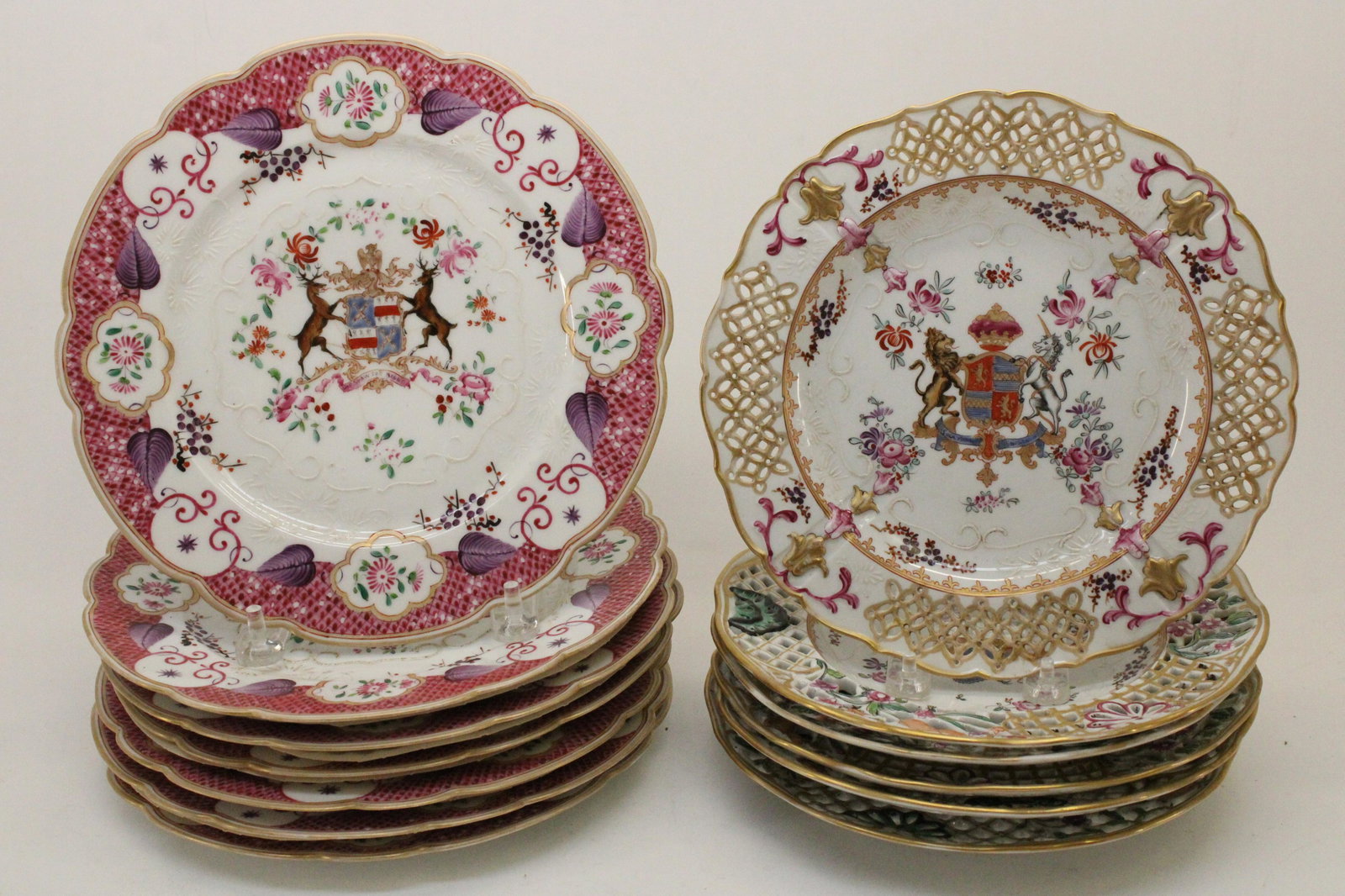 13 Samson Chinese Export Style Armorial Plates: 13 Samson Porcelain Chinese Export Style Armorial Plates, in 2 patterns Dimensions: 6 reticulated border 9" dia., 7 pink border 10" dia. Property from the Litchfield Estate of Tracy Griswold (TGLI9459