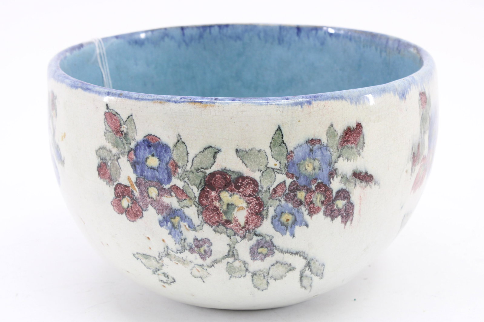 Brydcliffe Glazed Ceramic Bowl: Floral Patterned Glaze Decorated Ceramic Bowl, signed Byrdcliffe,c.1910 Dimensions: 5 1/2 x 9 Proeprty from a Kent, Connecticut home (QBRA9164)(MM)