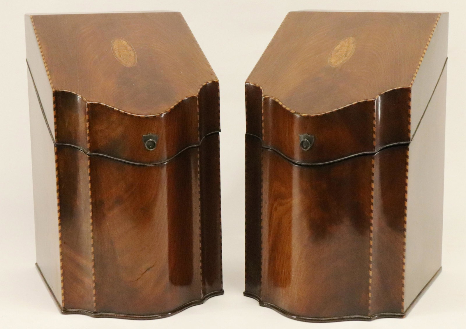 Georgian Inlaid Mahogany Knife Boxes: Pair of Georgian Inlaid Mahogany Knife Boxes, interior with compass rose inlay Dimensions: 14 1/2 x 9 x 12 Property from a West Hartford, CT home (MALM1434/2)(MM)