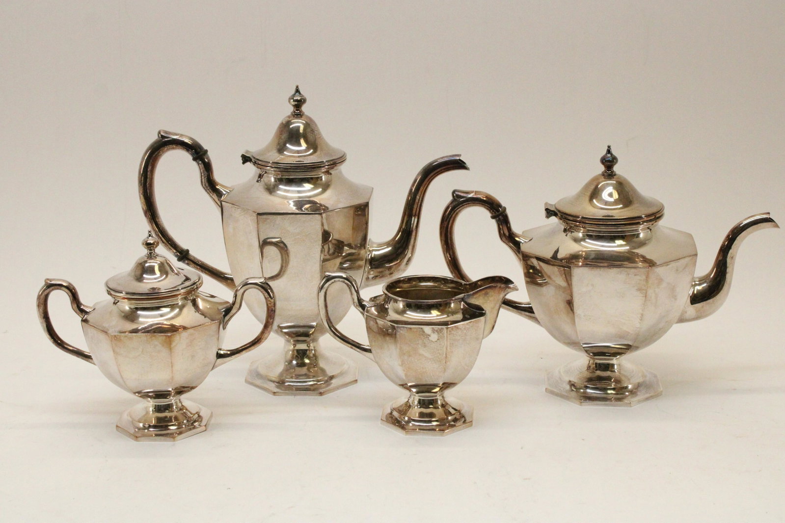 4-Piece .950 Silver Tea/Coffee Service: 4-Piece .950 Silver Tea/Coffee Service, octagonal foot. 70.18 ozt. Dimensions: Coffee 10" H x 11" W Property from the Estate of Sara E. Vagliano (DVIA9455/4)(WT)