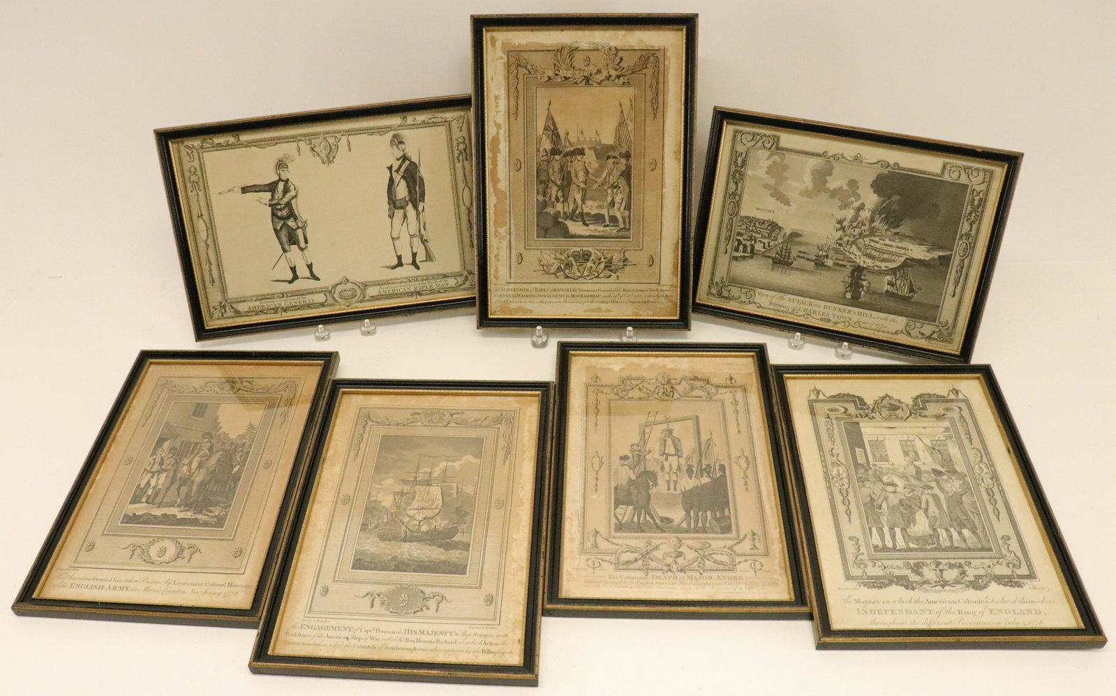 Hamilton, Millar, Engravings, 18th C.: Seven 18thC. Engravings, Fi, one Hamilton, one Millar, titles include The Surrender of Earl Cornwallis to General Washington & Count De Rochambeau; The Manner in which the American Colonies Declared t