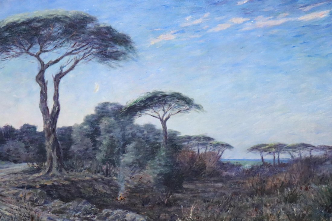 Marcel Cogniet (Fr. 1857-1914), "Hyeres" 1906, O/C: Landscape with trees typical of Riviera coast; moon; small fire/campfire. Morinet /Paris inked stamp on canvas verso. Deeply moulded classic frame. Dimensions: Sight size 17.5"H x 23 Framed 26.5 x 32.
