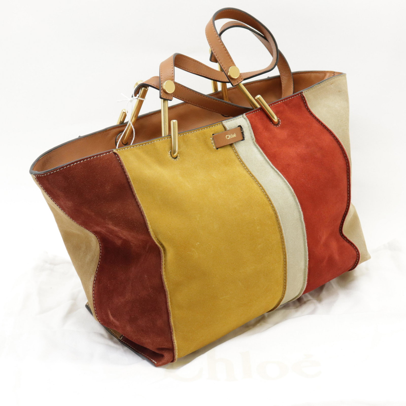 Chloe - Shopping Tote: Chloe Shopping Tote; Yellow, Red, Brown suede leather. Golden Brass hardware. Includes dustbag. Dimensions: 19x17x8cm