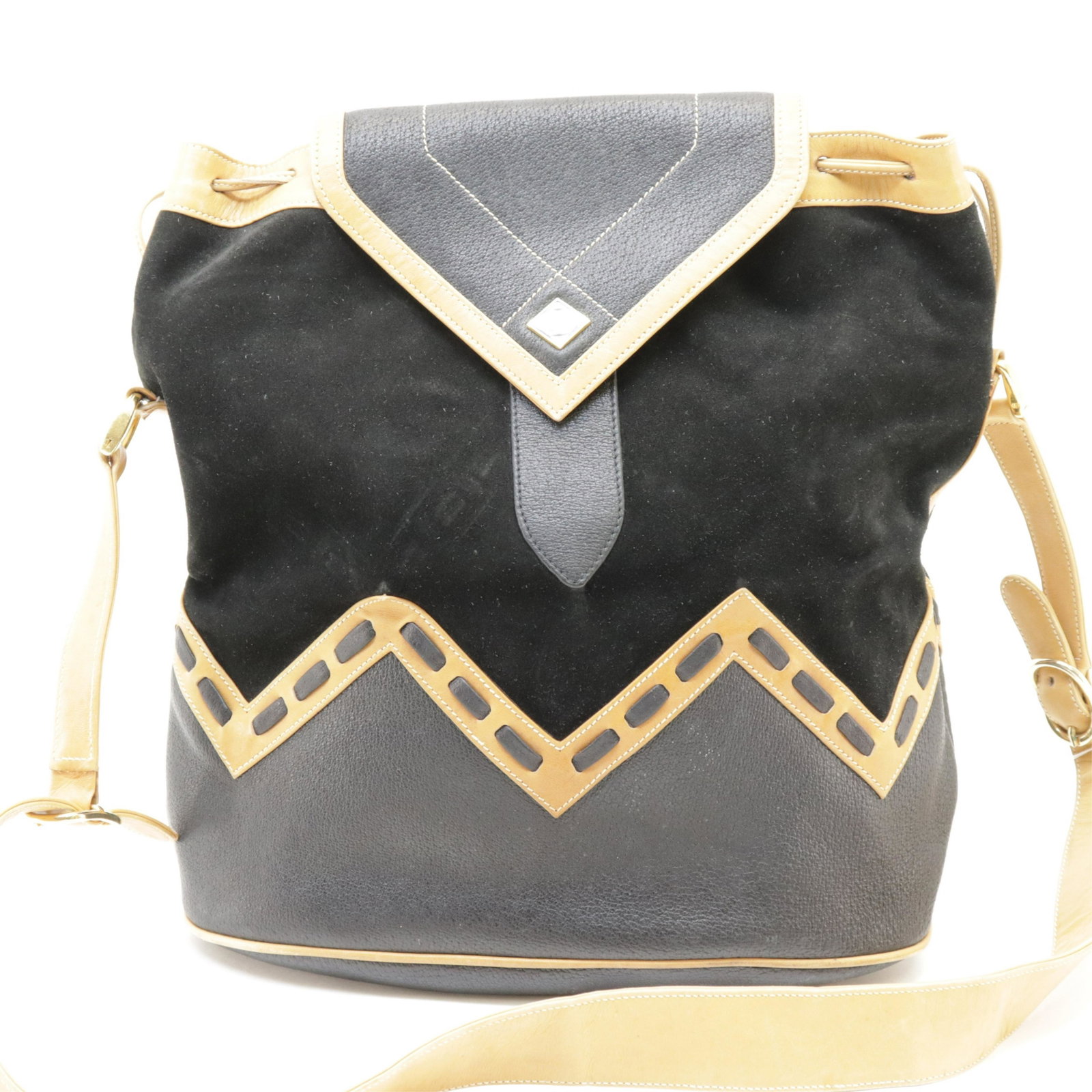 Gucci - Vintage Bucket Bag: Gucci - Vintage Bucket Bag. Tan leather interior and exterior details, black leather and velvet exterior. Dimensions: