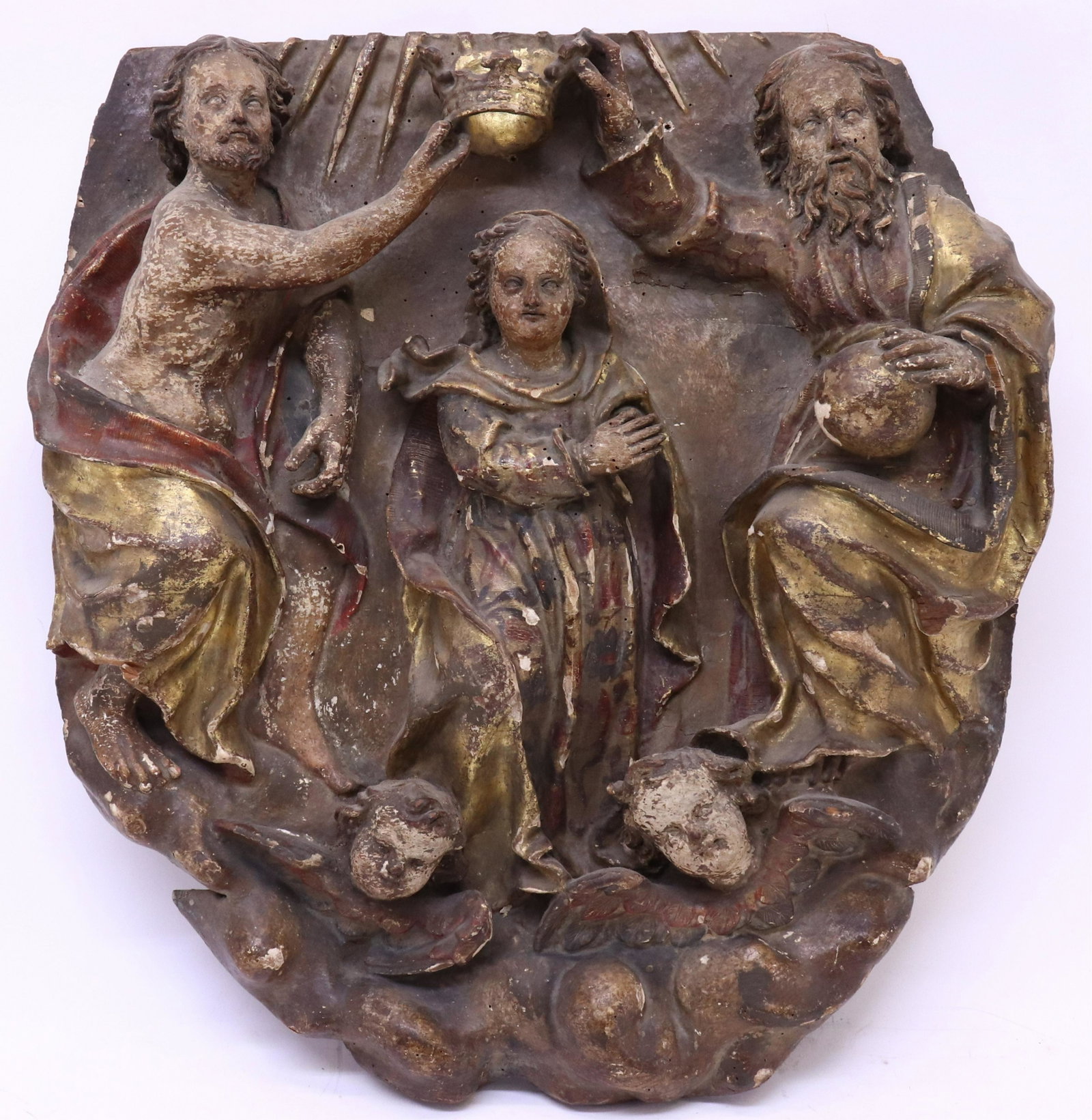 Continental Baroque Figural Relief Panel, 17th C.: Continental Baroque Multi Figure Relief Panel, 17th C., carved, polychromed giltwood depicting the crowning of the Madonna, reputed collection Goldsmith (RIJO2316)(WT) Dimensions: 22" H x 20" W x 6" D
