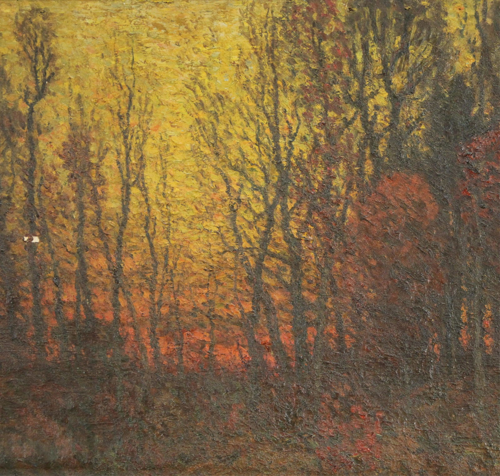 Attr. John Joseph Enneking, Autumn Sunset, O/C: Attributed to John Joseph Enneking, American, 1841-1916, "Autumn Sunset in the Forest", Oil on Canvas, signed lower right. (RIJO2772)(WT) Dimensions: 20 1/4" x 24", Frame 31 1/2" x 35 1/2" Property Fr