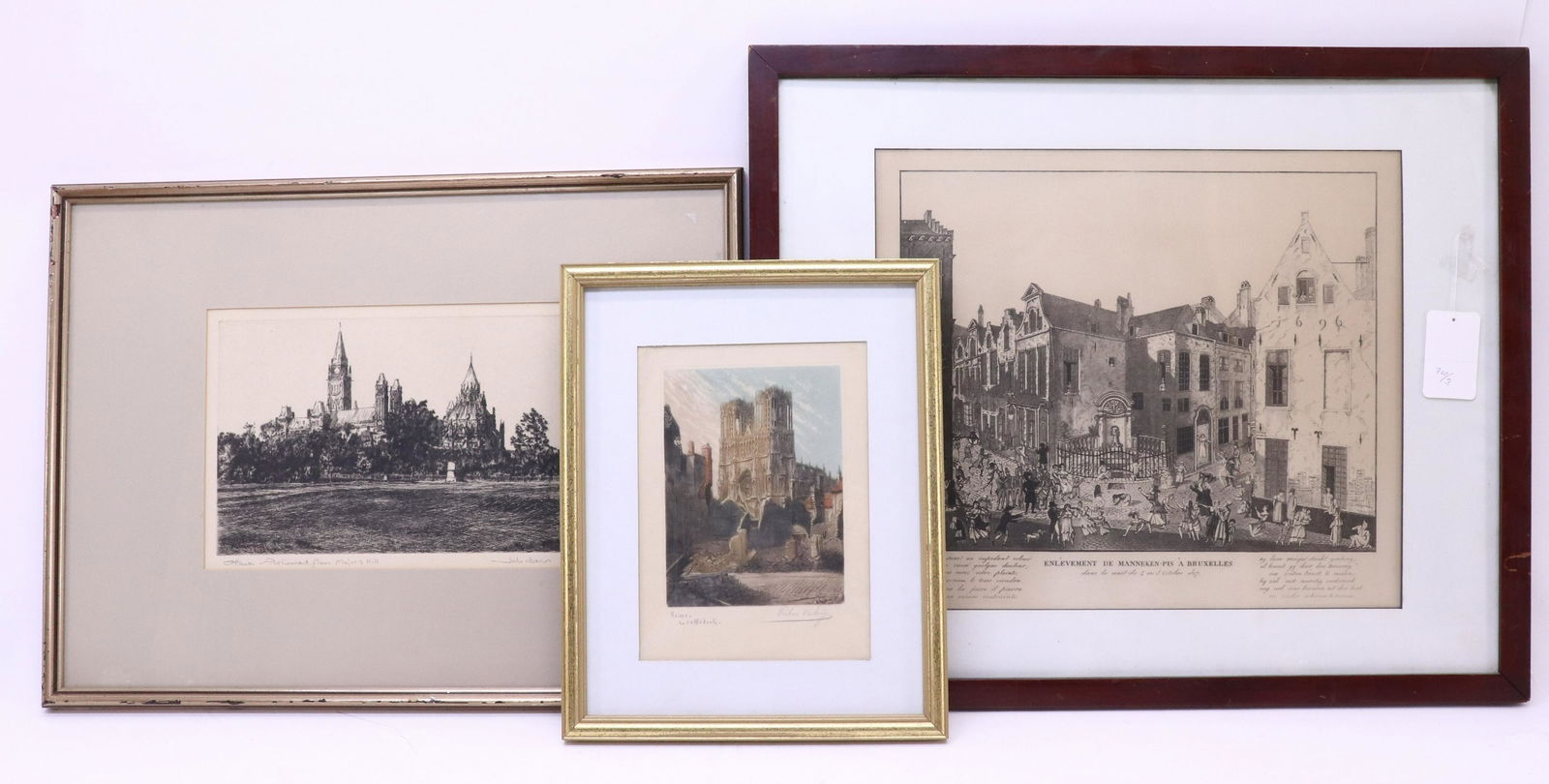 3 Prints of Towns; John Benn, Bruxelles, Valery: 3 Prints of Towns, John Benn "Ottawa Parliament" etching, signed; Bruxelles etching & Reims "Cathedrale" colored engraving signed Victor Valery (RIJO2762/3)(WT) Dimensions: Images 7 1/2" H x 5 1/2" W,