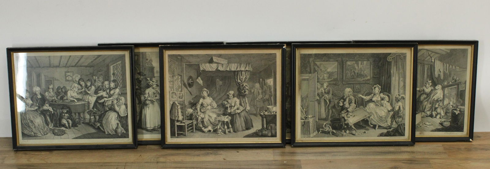 William Hogarth, 6 Engravings - A Harlots Progress: William Hogarth (1697-1764) 6 Engravings from "A Harlot's Progress" (RIJO2757/6)(WT) Dimensions: Image 12" x 14", Frame 14 1/2" x 17 1/4" Property From the Estate of Richard I Johnson (1925-2020), Che