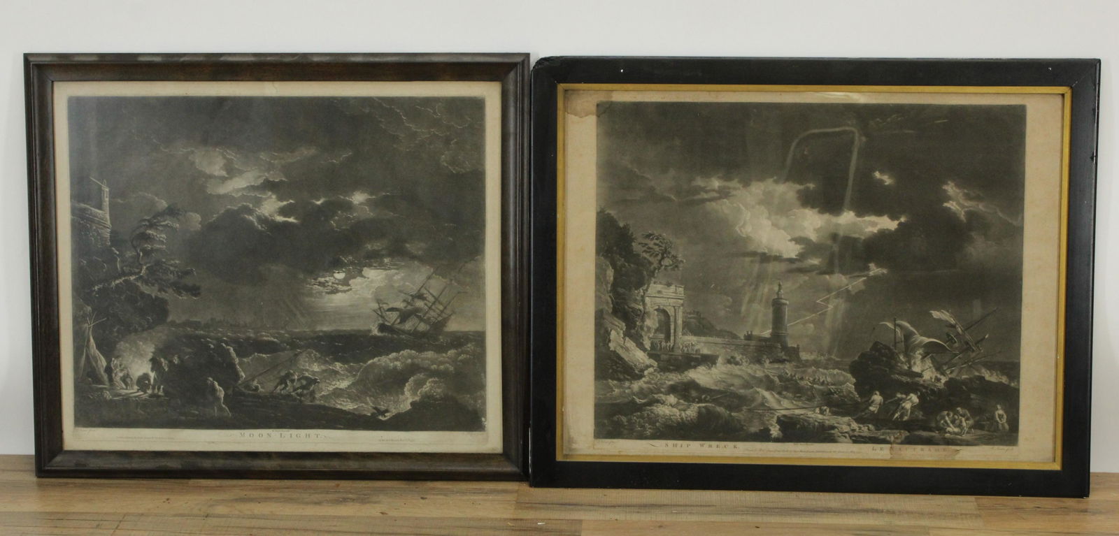 2 18th C. Prints; Moon-Light & Ship Wreck, Sayer: After J. Vernet, "Moon-Light", 1772 by R. Philpot, printed by Rob Sayer and "Ship Wreck Le Naufrage", 1770 by R Laurie, printed by Rob Sayer (RIJO2764/2)(WT) Dimensions: Image 17 1/2" x 22", Frame 22