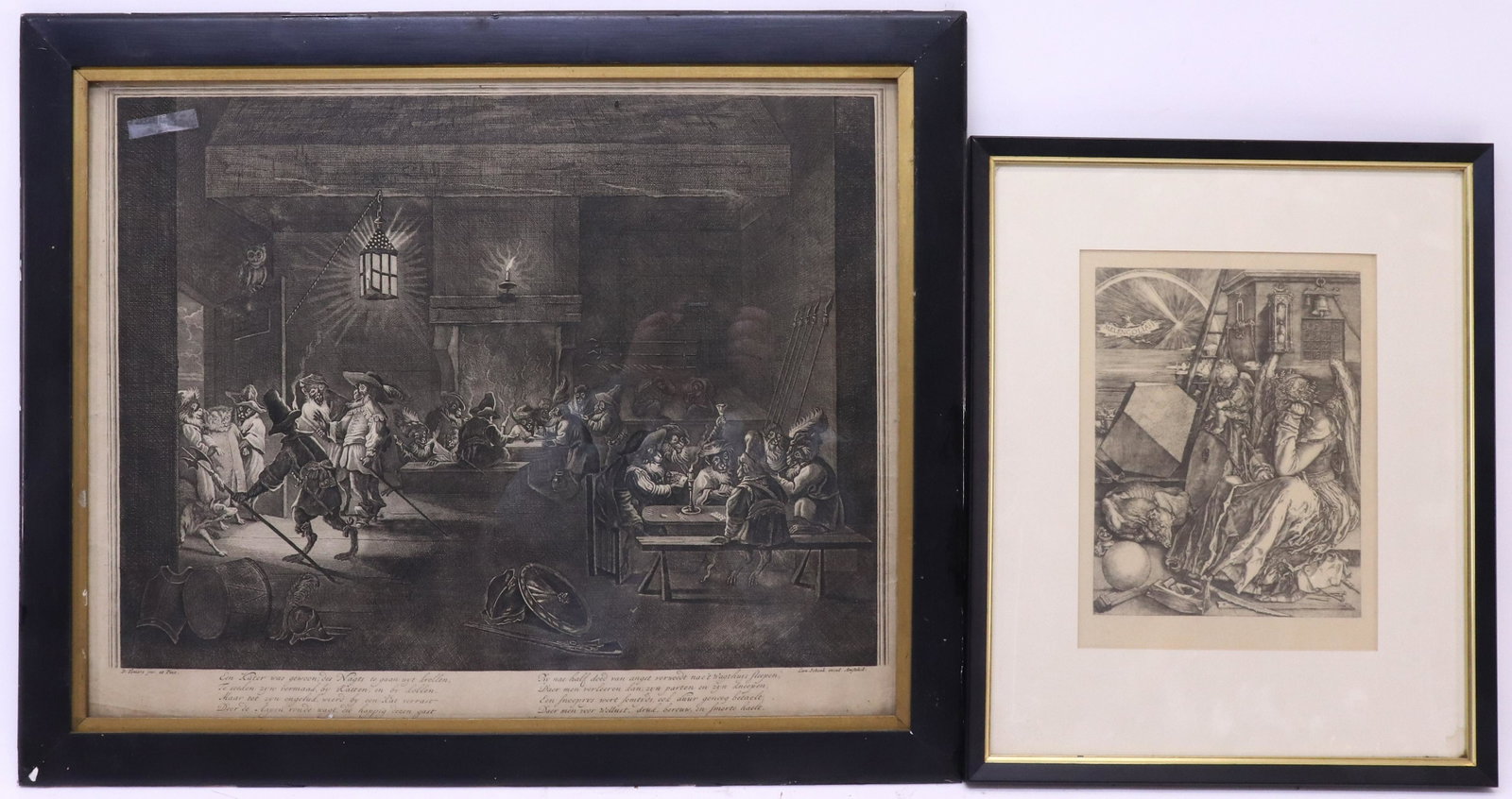 2 Prints, after David Teniers & Durer: 2 Prints, after David Teniers, engraved by Leon Scenk & a reproduction of Durer's "Melencolia" (RIJO2759/2)(WT) Dimensions: Image 15 1/2" H x 19 3/4" W, Frame 20 1/2" H x 25" W; 9 1/4" H x 7" W, Frame