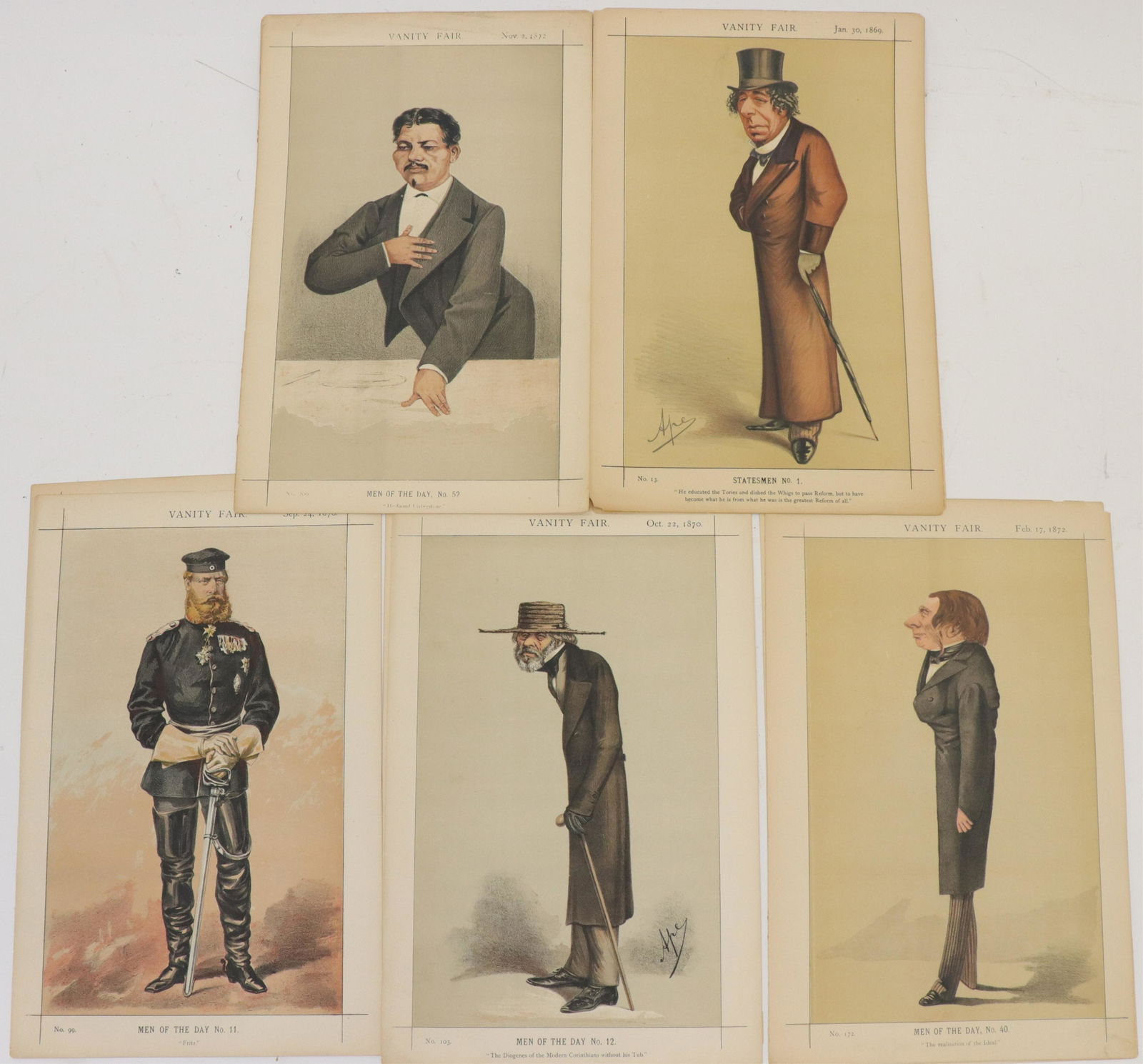 5 Vanity Fair Caricature Lithographs: 5 Vanity Fair Caricature Lithographs includes Crown prince of Prussia, Benjamin Disraeli, H.M. Stanley,Thomas Carlyle, John Ruskin, each with description (RIJO2991/10)(MM) Dimensions: 9 x 14 Property
