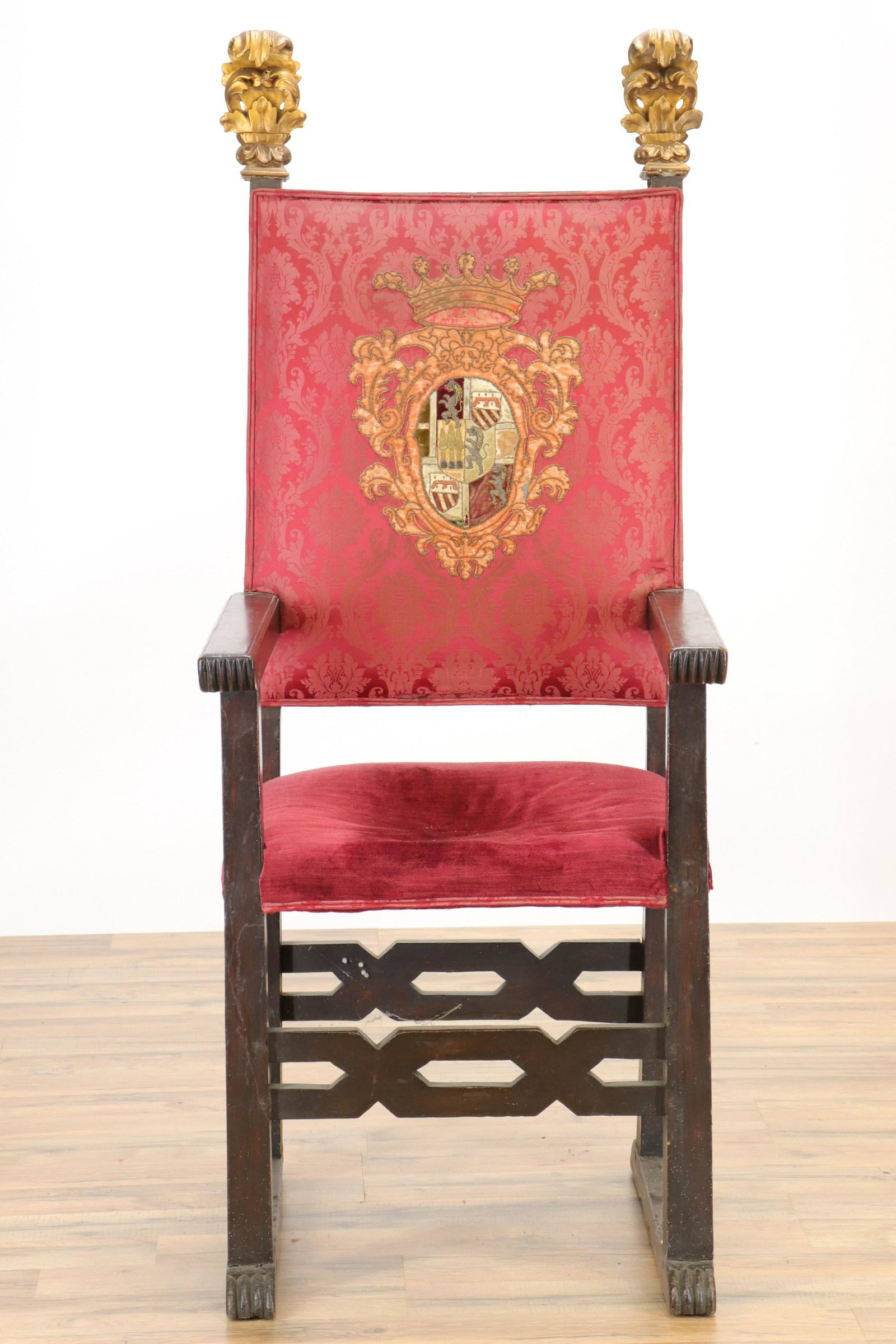 Italian Baroque Style Arm Chair: Italian Baroque Style Arm Chair, walnut, armorial with metal thread to chair back (RIJO2684)(WT) Dimensions: 58 1/2" H x 24" W x 24" D Property From the Estate of Richard I Johnson (1925-2020), Chestn