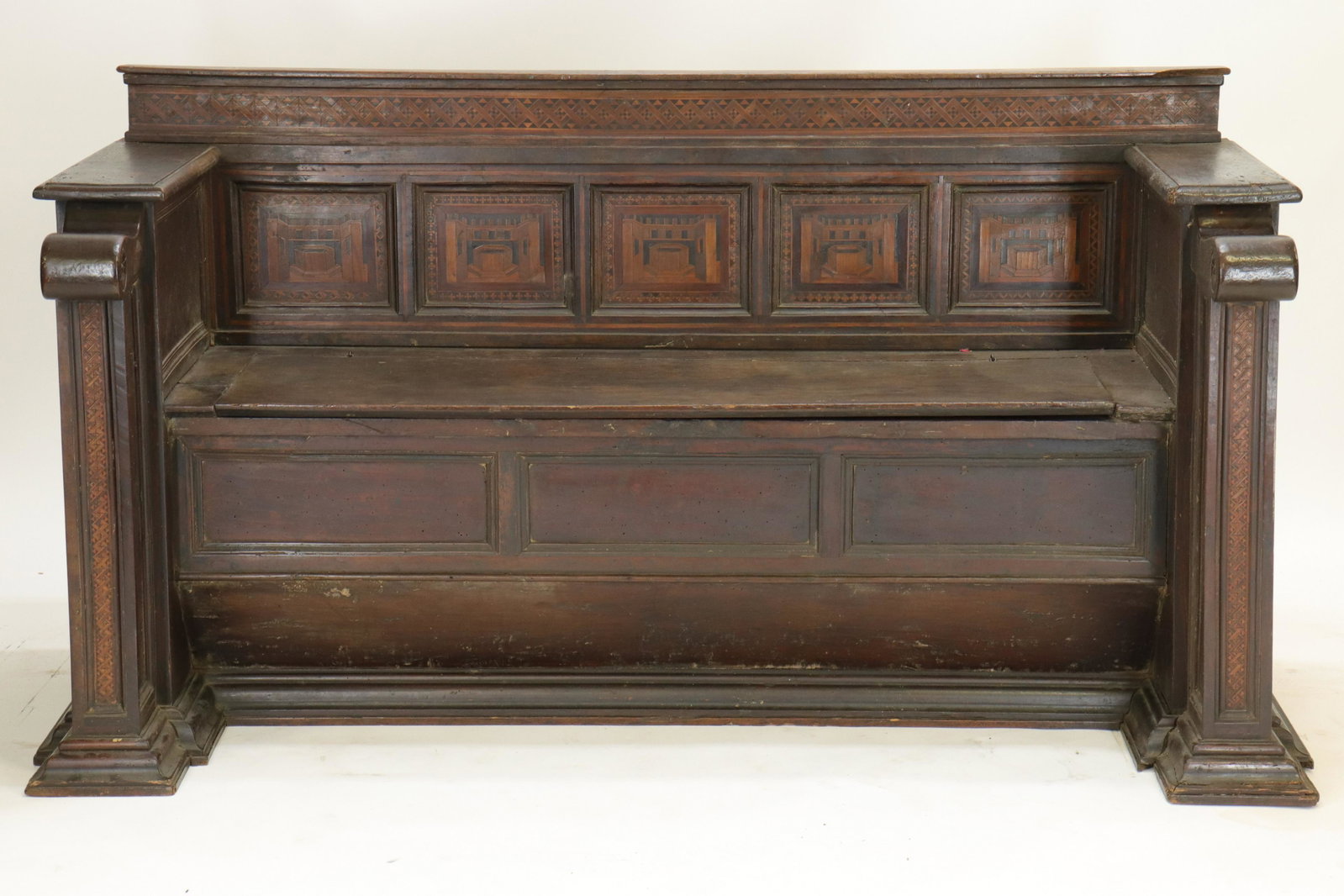 Italian Baroque Wall Bench: Italian Baroque Wall Bench, parquetry fruitwood inlaid walnut, lift seat (RIJO2388)(WT) Dimensions: 36" H x 69 1/2" L x 29" D Property From the Estate of Richard I Johnson (1925-2020), Chestnut Hill, 