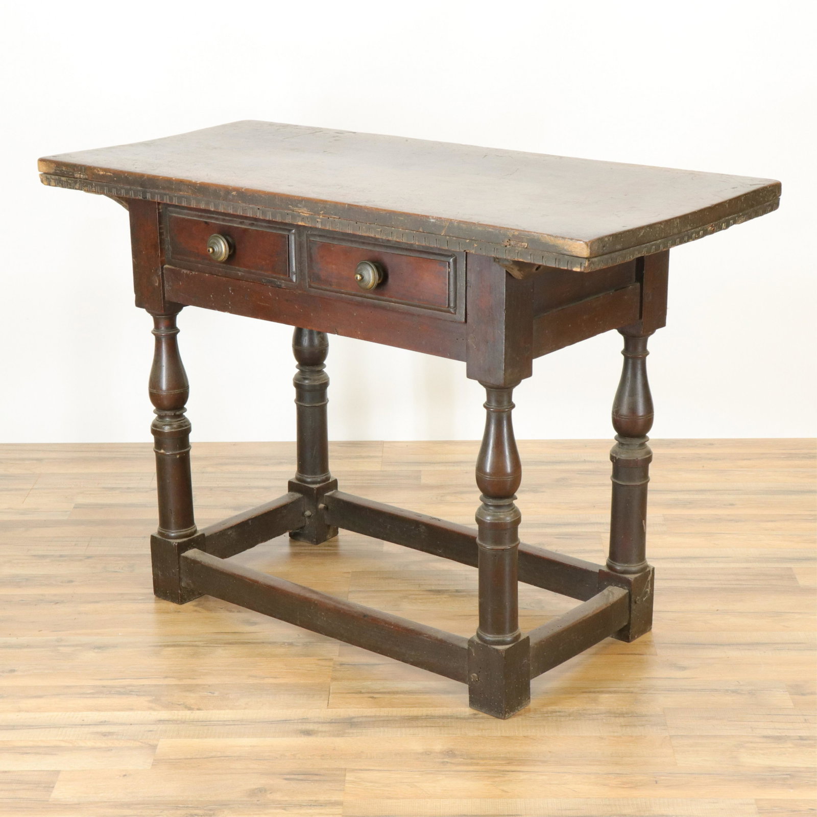 Italian Baroque Small Library Table, 17th C: Italian Baroque Small Library Table, 17th C., walnut with bronze drawer pulls (RIJO2363)(WT) Dimensions: 32" H x 47" L x 21" D Property From the Estate of Richard I Johnson (1925-2020), Chestnut Hill,