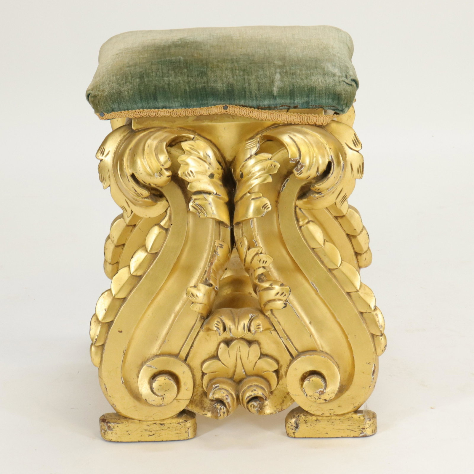 Italian Late Baroque Stool: Italian Late Baroque Stool, carved, gilded and painted pine, green velvet seat (RIJO2380)(WT) Dimensions: 20" H x 16" W Property From the Estate of Richard I Johnson (1925-2020), Chestnut Hill, Massac