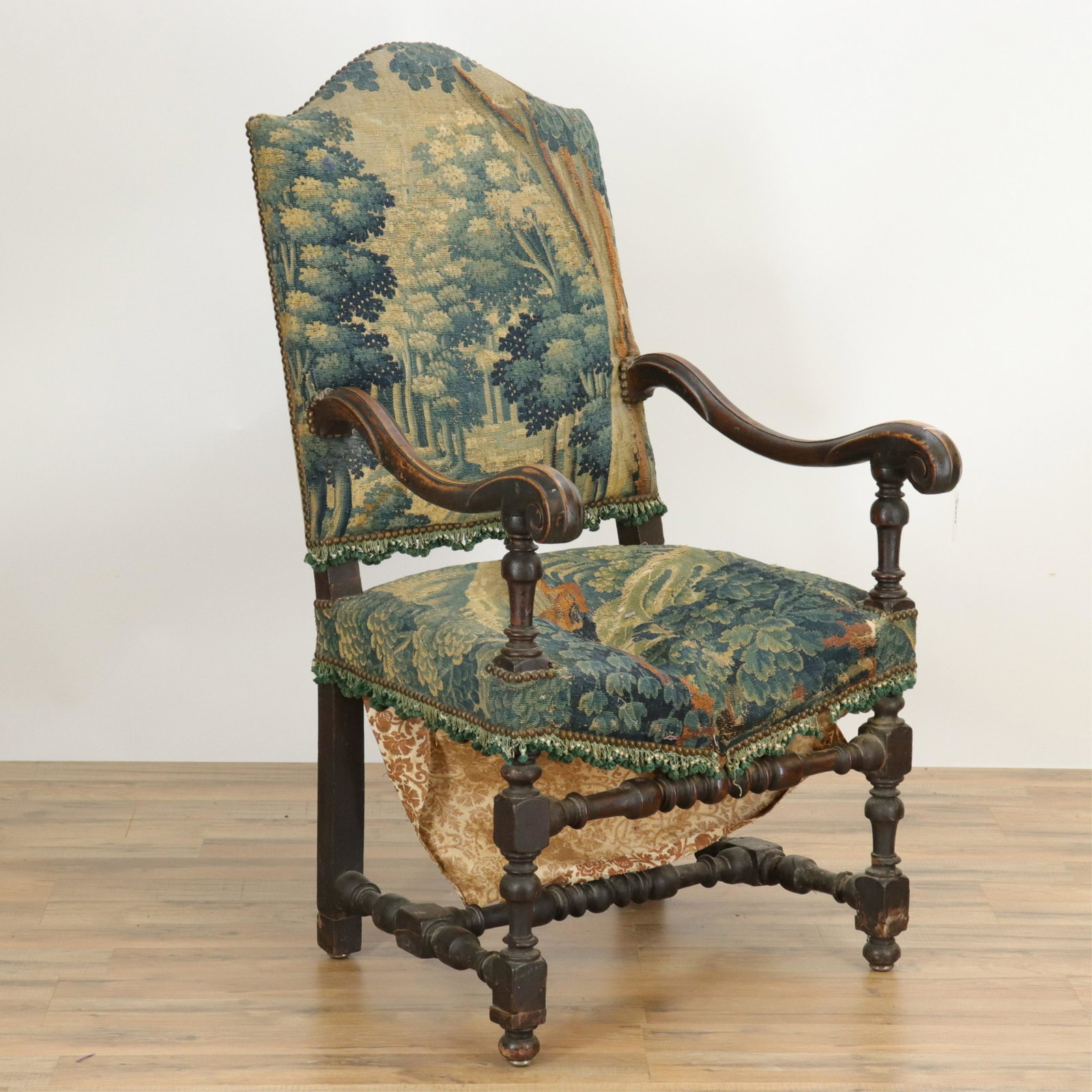 Cont. Baroque Chair, 17th C., Brussels Verdure: Continental Baroque Arm Chair, 17th C., walnut with Brussels Verdure period tapestry back and seat (RIJO2485)(WT) Dimensions: 46" H x 25" W x 29" D Property From the Estate of Richard I Johnson (1925-