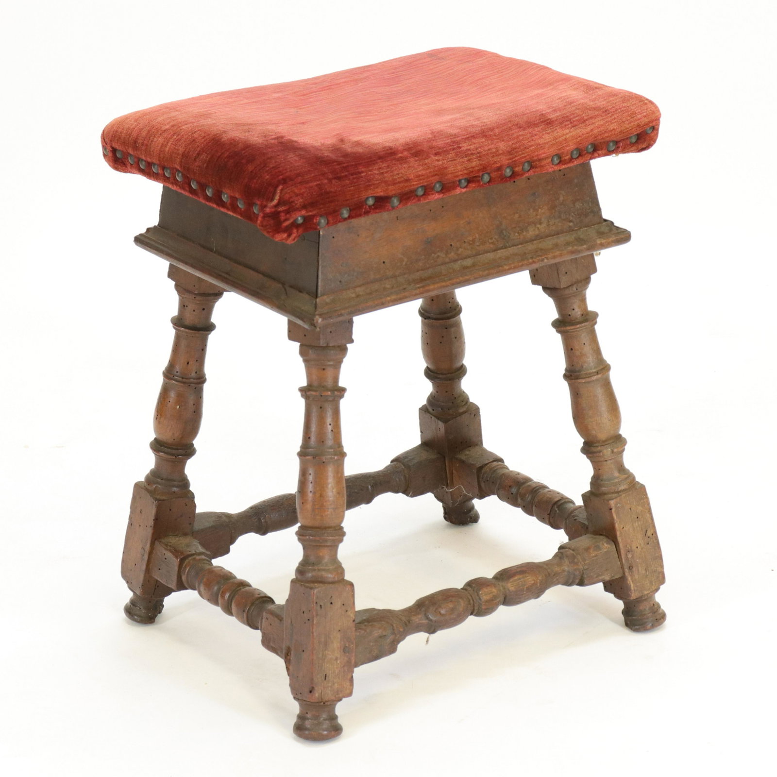Continental/Tyrolian Joint Stool: Continental/Tyrolian Joint Stool, mixed woods, red velvet seat (RIJO2379)(WT) Dimensions: 20" H x 16" W Property From the Estate of Richard I Johnson (1925-2020), Chestnut Hill, Massachusetts. Mr. Joh